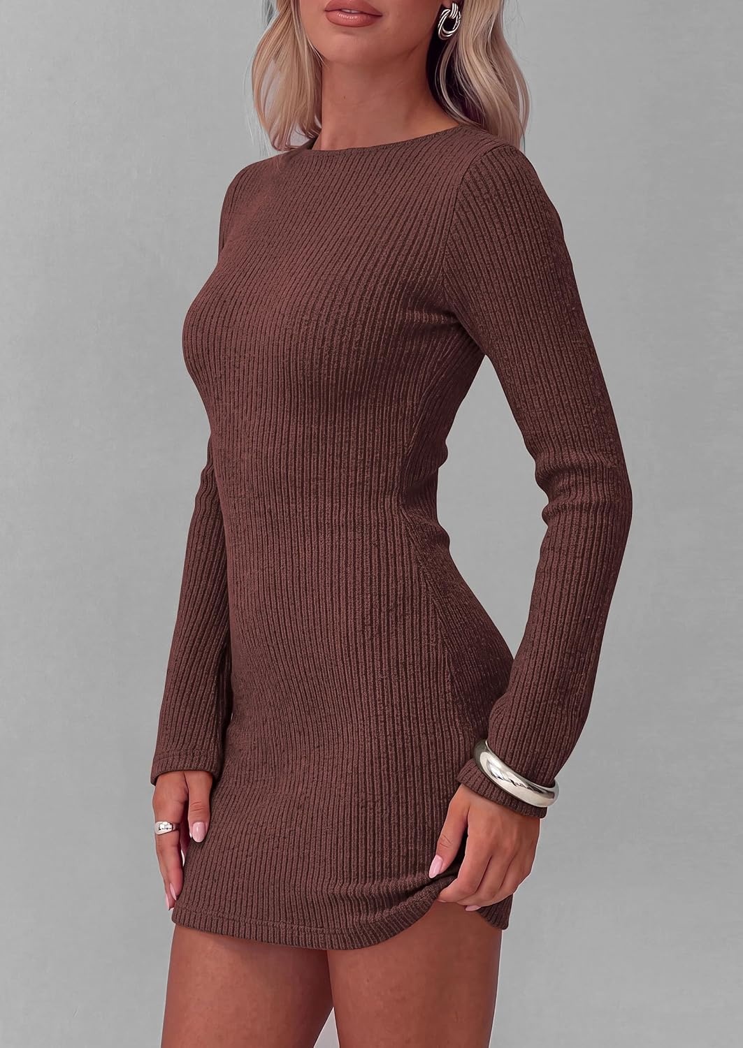 image:imagePRETTYGARDEN Womens Boat Neck Bell Long Sleeve Mini Dress High Stretch Ribbed KnitVersatile Basic Slim Fit BodyconShort Night Out Party Cocktail DressesFall Winter Fashion ClothingBrown