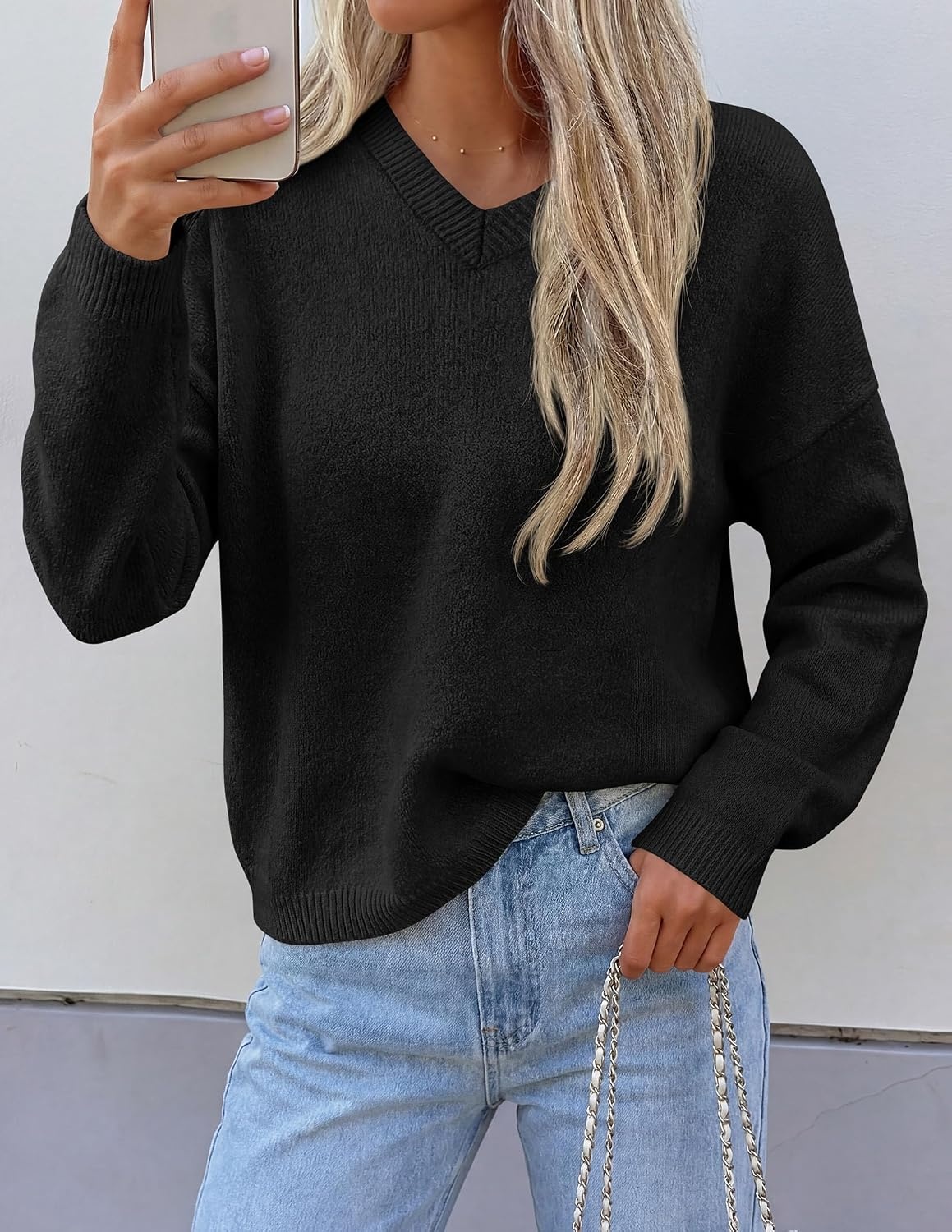 image:imagePRETTYGARDEN Womens Cozy Sweaters Fall Fashion V Neck Tops Soft Stretchy Warm Chunky Knit Pullover Loose Fit Long Sleeve Shirts Dressy Casual Blouses Trendy Holiday Winter OutfitsBlack