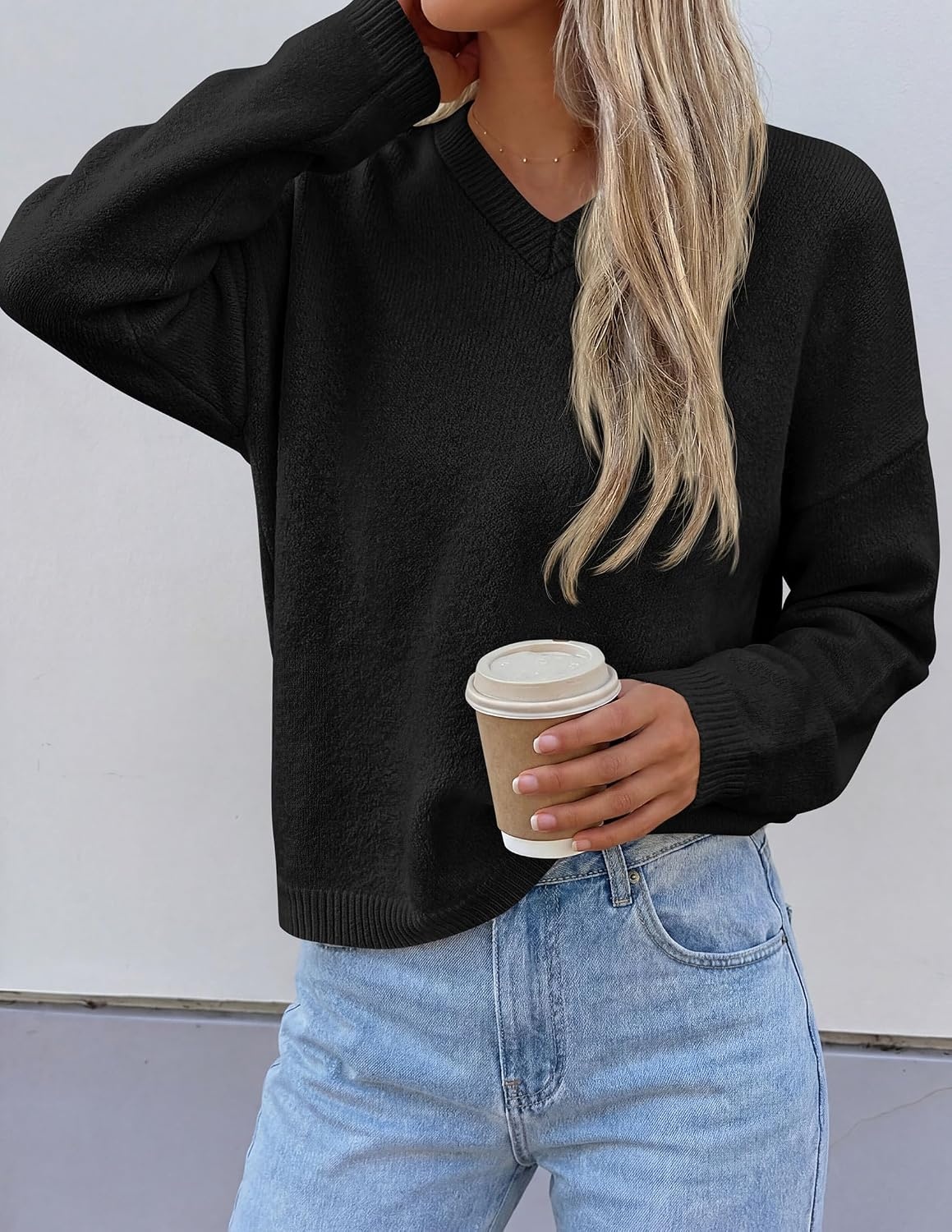 image:imagePRETTYGARDEN Womens Cozy Sweaters Fall Fashion V Neck Tops Soft Stretchy Warm Chunky Knit Pullover Loose Fit Long Sleeve Shirts Dressy Casual Blouses Trendy Holiday Winter OutfitsBlack