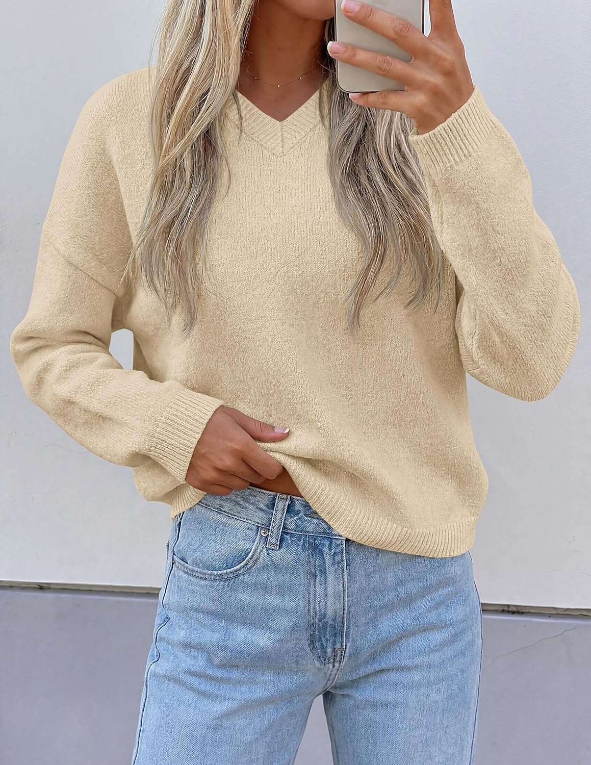 image:imagePRETTYGARDEN Womens Cozy Sweaters Fall Fashion V Neck Tops Soft Stretchy Warm Chunky Knit Pullover Loose Fit Long Sleeve Shirts Dressy Casual Blouses Trendy Holiday Winter OutfitsBeige