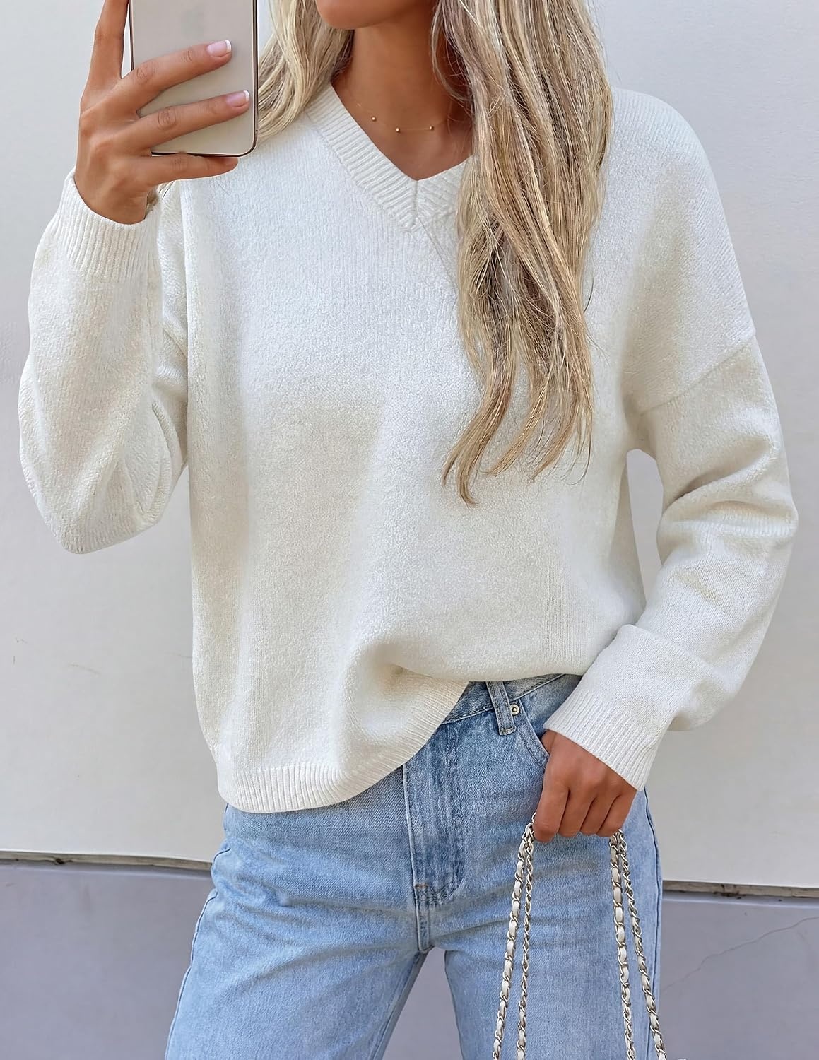image:imagePRETTYGARDEN Womens Cozy Sweaters Fall Fashion V Neck Tops Soft Stretchy Warm Chunky Knit Pullover Loose Fit Long Sleeve Shirts Dressy Casual Blouses Trendy Holiday Winter OutfitsWhite