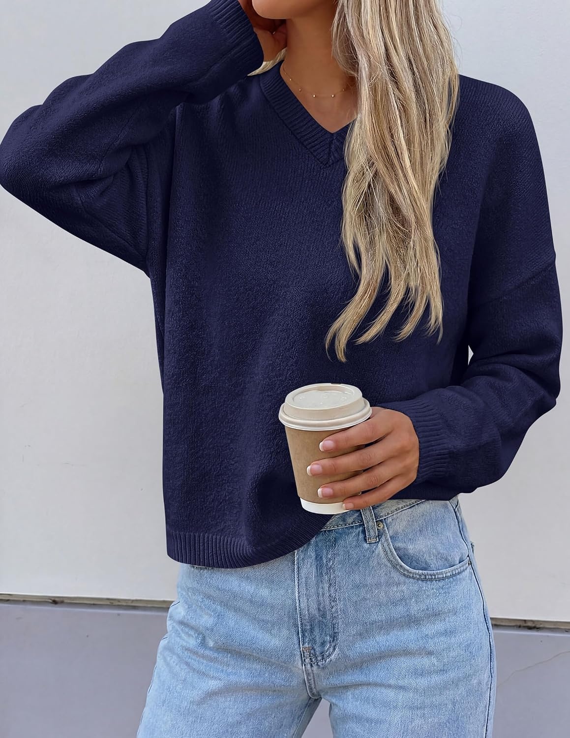image:imagePRETTYGARDEN Womens Cozy Sweaters Fall Fashion V Neck Tops Soft Stretchy Warm Chunky Knit Pullover Loose Fit Long Sleeve Shirts Dressy Casual Blouses Trendy Holiday Winter OutfitsNavy Blue