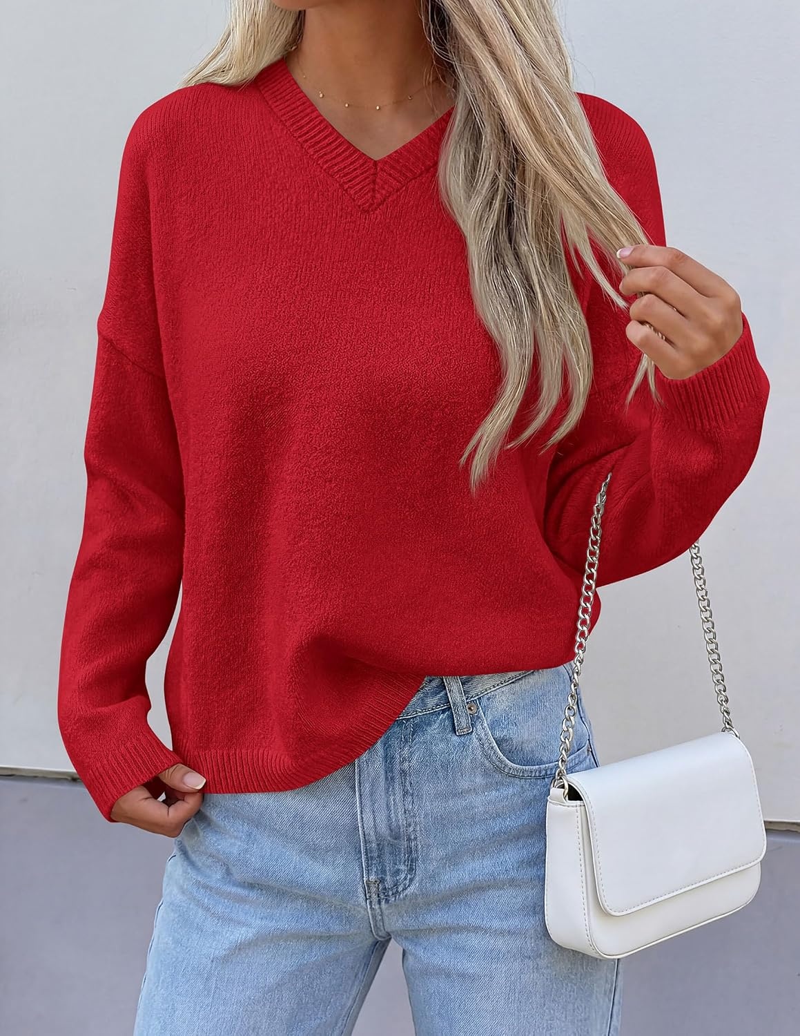 image:imagePRETTYGARDEN Womens Cozy Sweaters Fall Fashion V Neck Tops Soft Stretchy Warm Chunky Knit Pullover Loose Fit Long Sleeve Shirts Dressy Casual Blouses Trendy Holiday Winter OutfitsRed