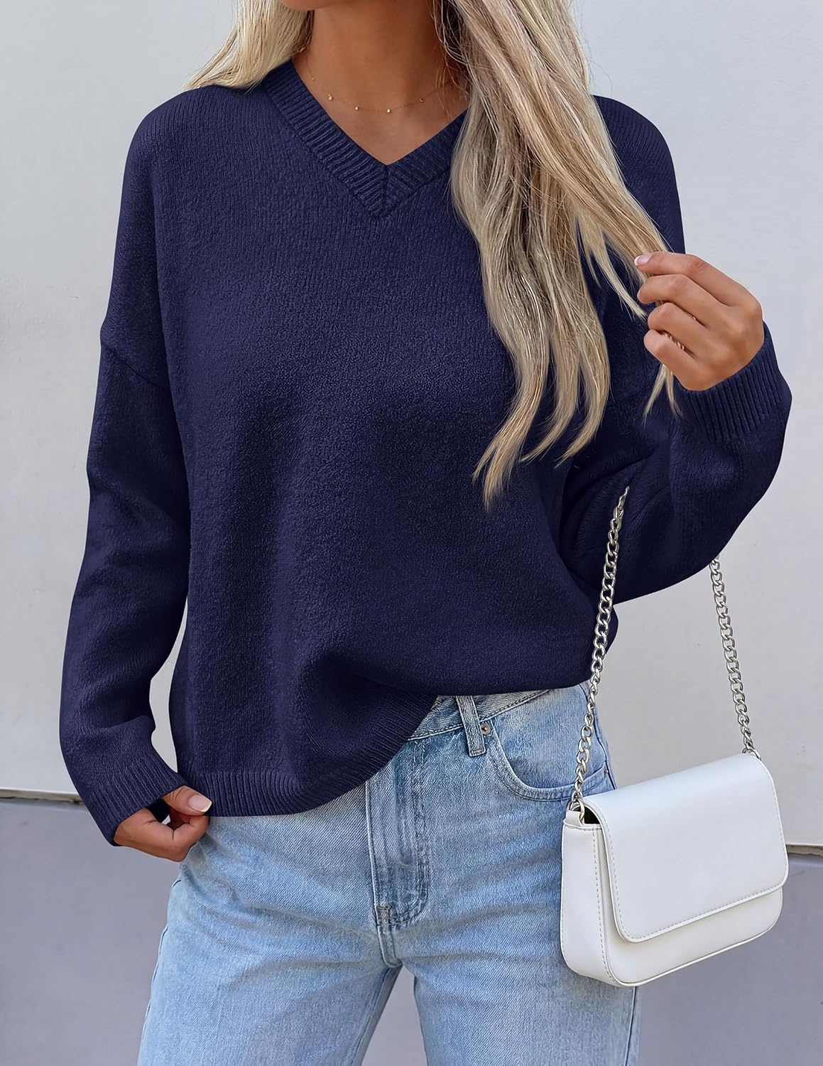 image:imagePRETTYGARDEN Womens Cozy Sweaters Fall Fashion V Neck Tops Soft Stretchy Warm Chunky Knit Pullover Loose Fit Long Sleeve Shirts Dressy Casual Blouses Trendy Holiday Winter OutfitsNavy Blue