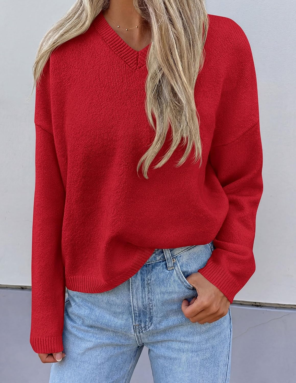 image:imagePRETTYGARDEN Womens Cozy Sweaters Fall Fashion V Neck Tops Soft Stretchy Warm Chunky Knit Pullover Loose Fit Long Sleeve Shirts Dressy Casual Blouses Trendy Holiday Winter OutfitsRed