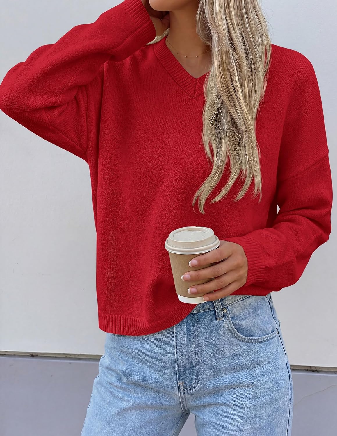 image:imagePRETTYGARDEN Womens Cozy Sweaters Fall Fashion V Neck Tops Soft Stretchy Warm Chunky Knit Pullover Loose Fit Long Sleeve Shirts Dressy Casual Blouses Trendy Holiday Winter OutfitsRed