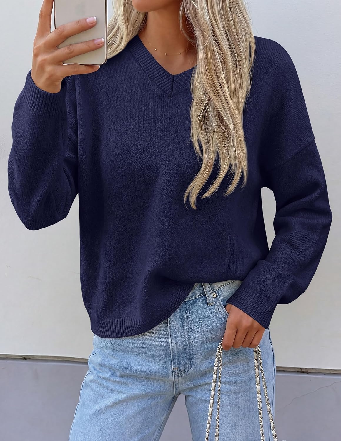 image:imagePRETTYGARDEN Womens Cozy Sweaters Fall Fashion V Neck Tops Soft Stretchy Warm Chunky Knit Pullover Loose Fit Long Sleeve Shirts Dressy Casual Blouses Trendy Holiday Winter OutfitsNavy Blue