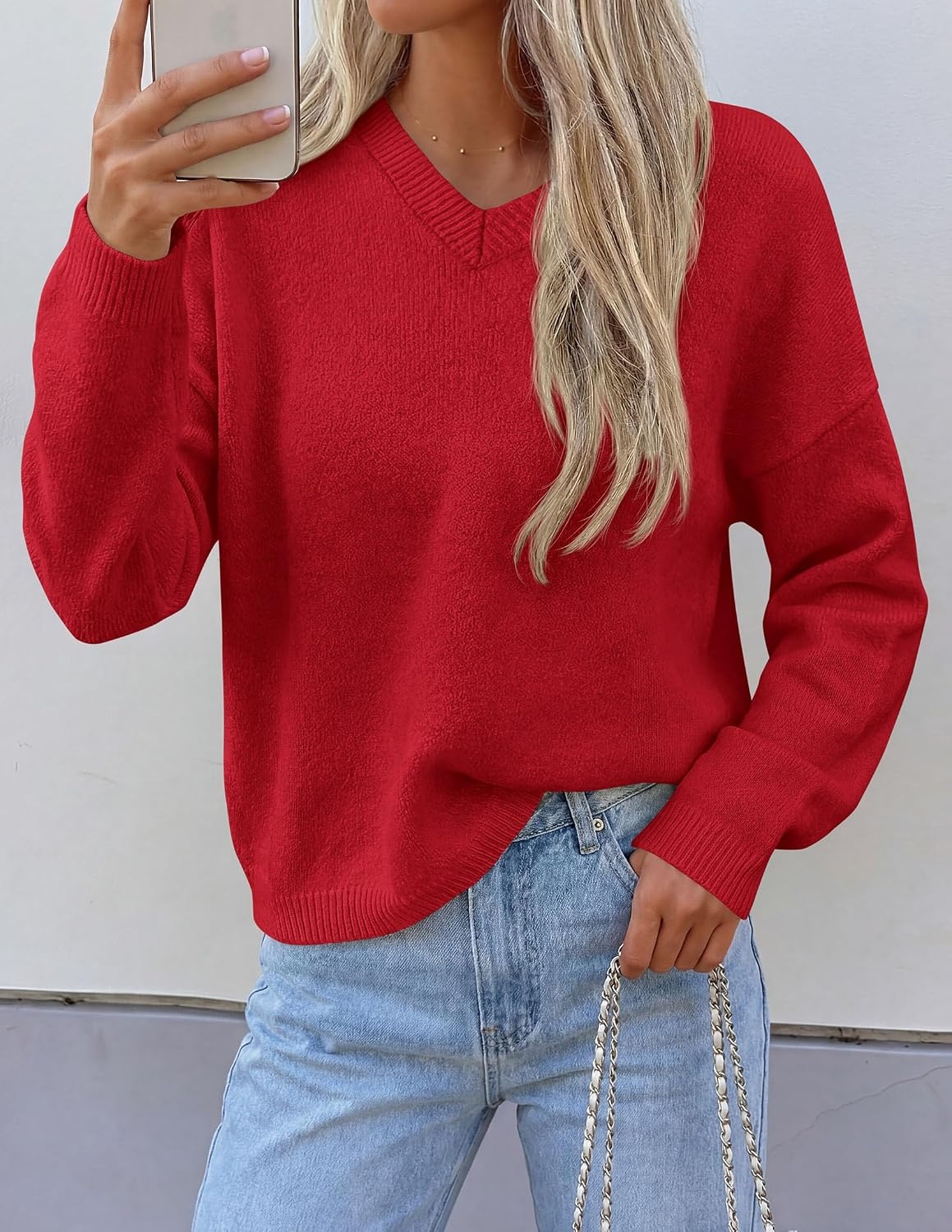 image:imagePRETTYGARDEN Womens Cozy Sweaters Fall Fashion V Neck Tops Soft Stretchy Warm Chunky Knit Pullover Loose Fit Long Sleeve Shirts Dressy Casual Blouses Trendy Holiday Winter OutfitsRed
