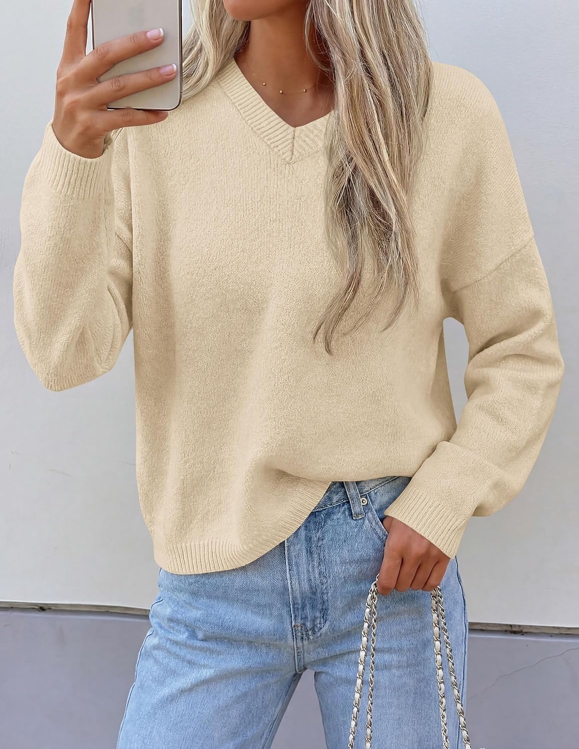 image:imagePRETTYGARDEN Womens Cozy Sweaters Fall Fashion V Neck Tops Soft Stretchy Warm Chunky Knit Pullover Loose Fit Long Sleeve Shirts Dressy Casual Blouses Trendy Holiday Winter OutfitsBeige