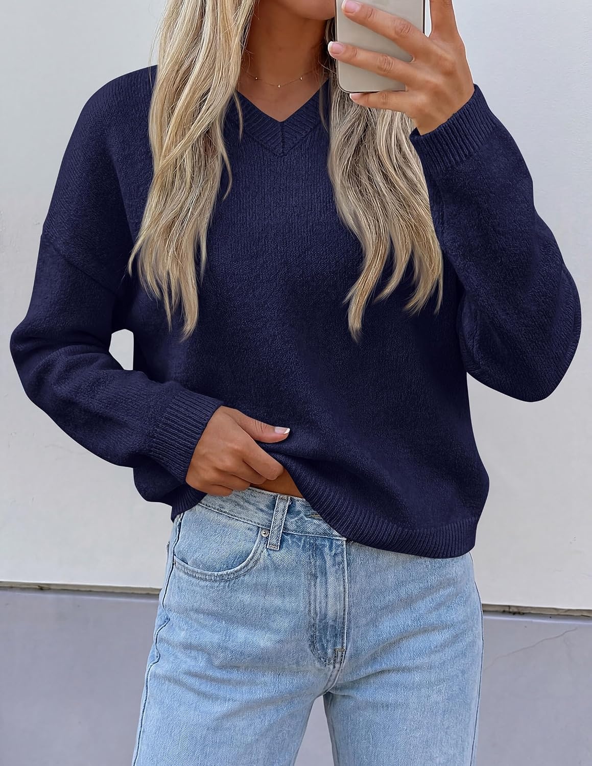 image:imagePRETTYGARDEN Womens Cozy Sweaters Fall Fashion V Neck Tops Soft Stretchy Warm Chunky Knit Pullover Loose Fit Long Sleeve Shirts Dressy Casual Blouses Trendy Holiday Winter OutfitsNavy Blue