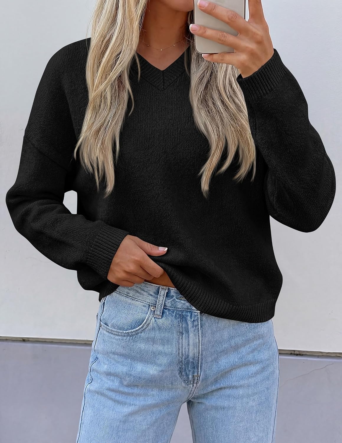image:imagePRETTYGARDEN Womens Cozy Sweaters Fall Fashion V Neck Tops Soft Stretchy Warm Chunky Knit Pullover Loose Fit Long Sleeve Shirts Dressy Casual Blouses Trendy Holiday Winter OutfitsBlack