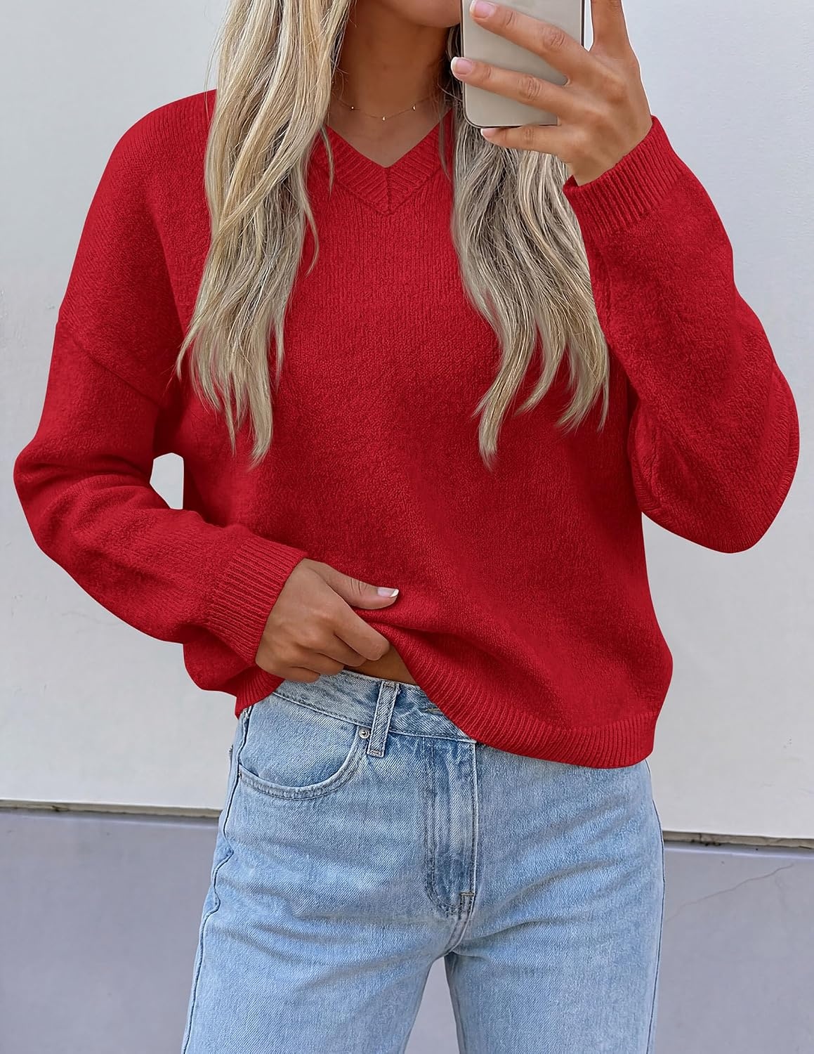 image:imagePRETTYGARDEN Womens Cozy Sweaters Fall Fashion V Neck Tops Soft Stretchy Warm Chunky Knit Pullover Loose Fit Long Sleeve Shirts Dressy Casual Blouses Trendy Holiday Winter OutfitsRed