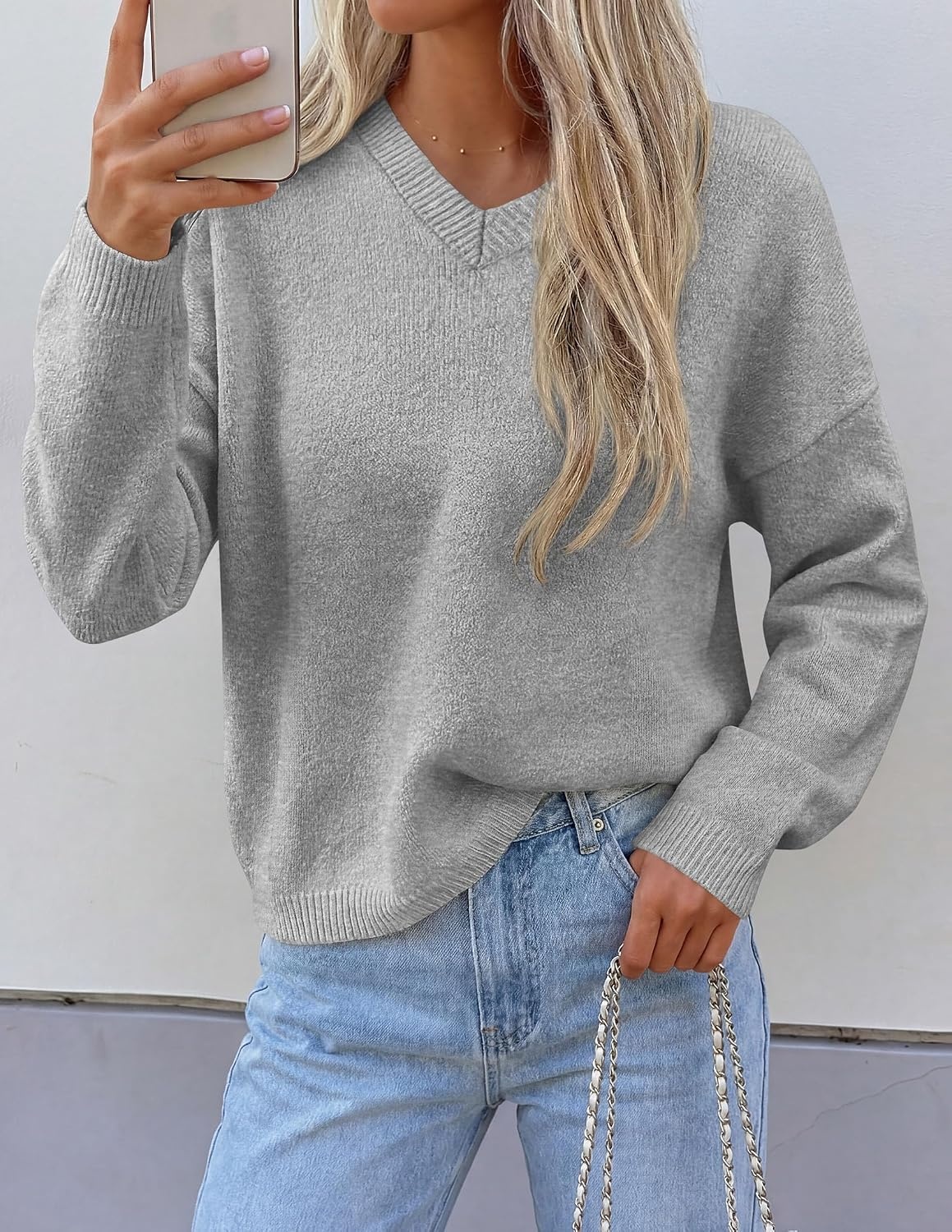 image:imagePRETTYGARDEN Womens Cozy Sweaters Fall Fashion V Neck Tops Soft Stretchy Warm Chunky Knit Pullover Loose Fit Long Sleeve Shirts Dressy Casual Blouses Trendy Holiday Winter OutfitsLight Grey
