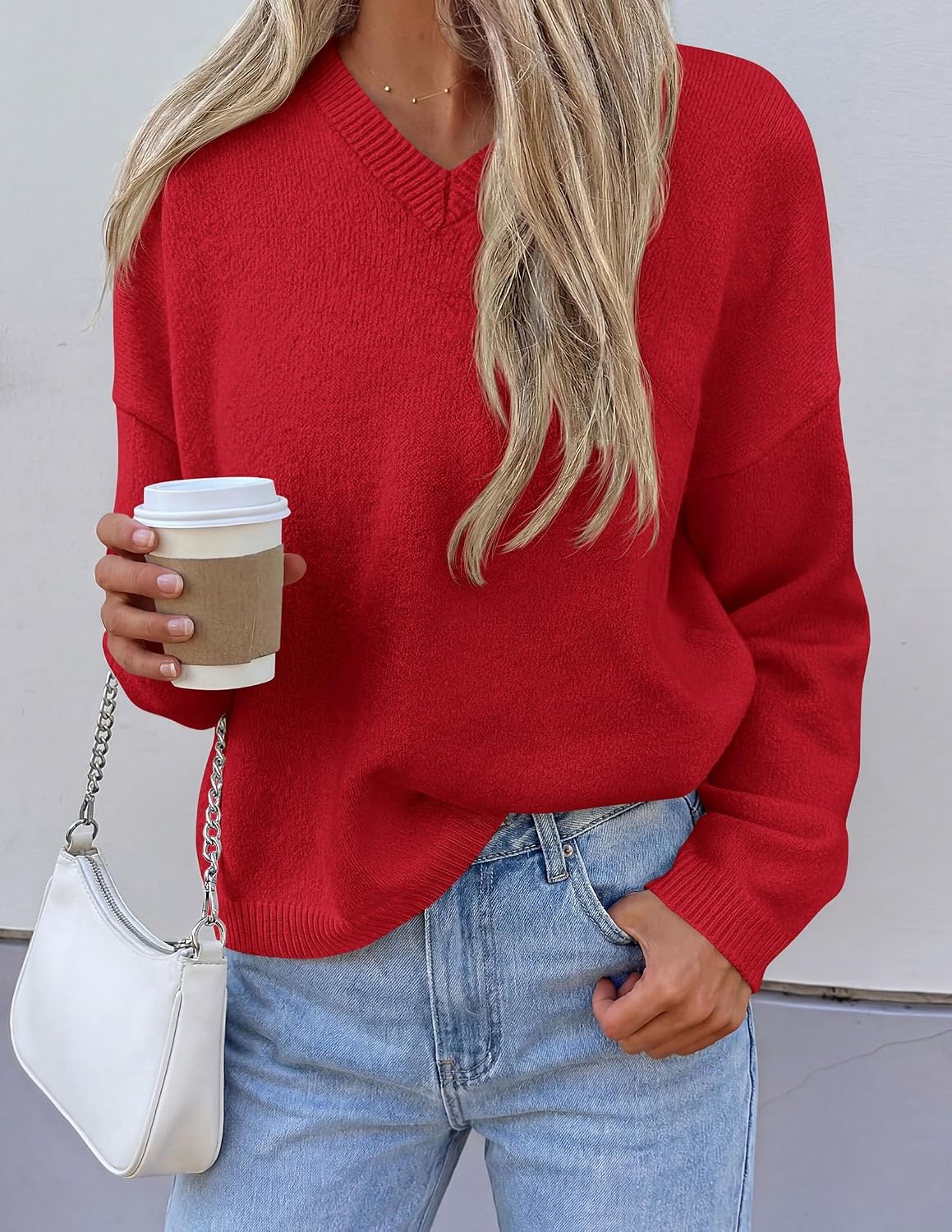 image:imagePRETTYGARDEN Womens Cozy Sweaters Fall Fashion V Neck Tops Soft Stretchy Warm Chunky Knit Pullover Loose Fit Long Sleeve Shirts Dressy Casual Blouses Trendy Holiday Winter OutfitsRed