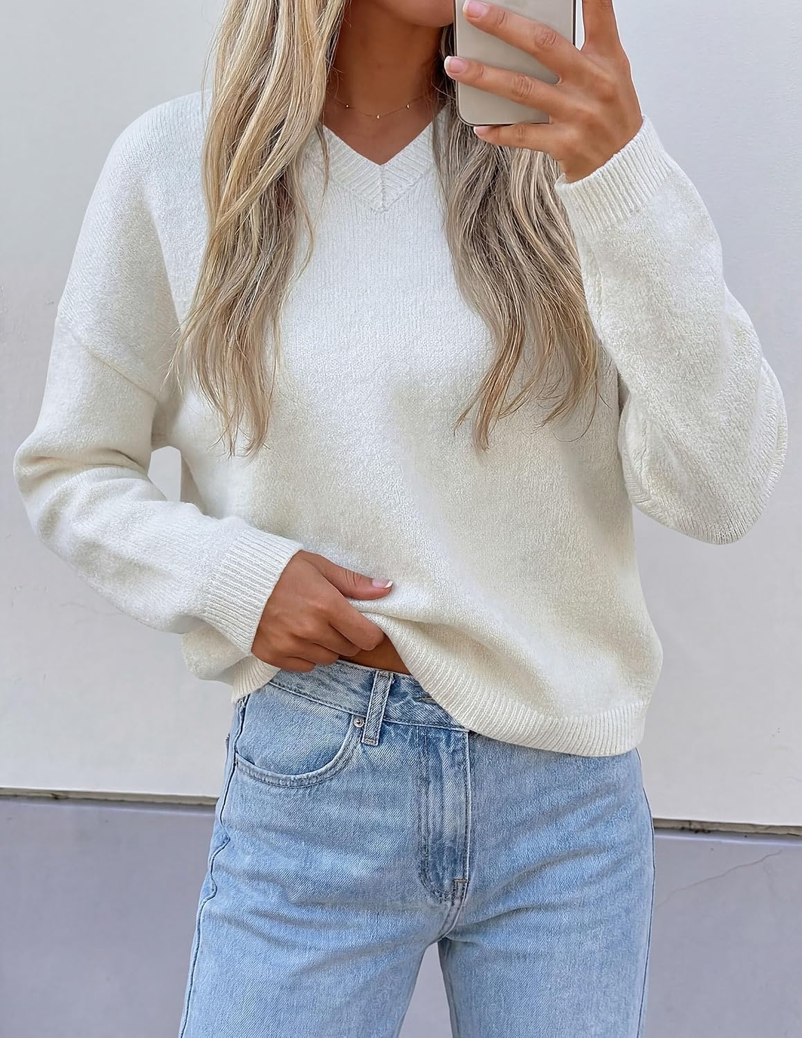 image:imagePRETTYGARDEN Womens Cozy Sweaters Fall Fashion V Neck Tops Soft Stretchy Warm Chunky Knit Pullover Loose Fit Long Sleeve Shirts Dressy Casual Blouses Trendy Holiday Winter OutfitsWhite
