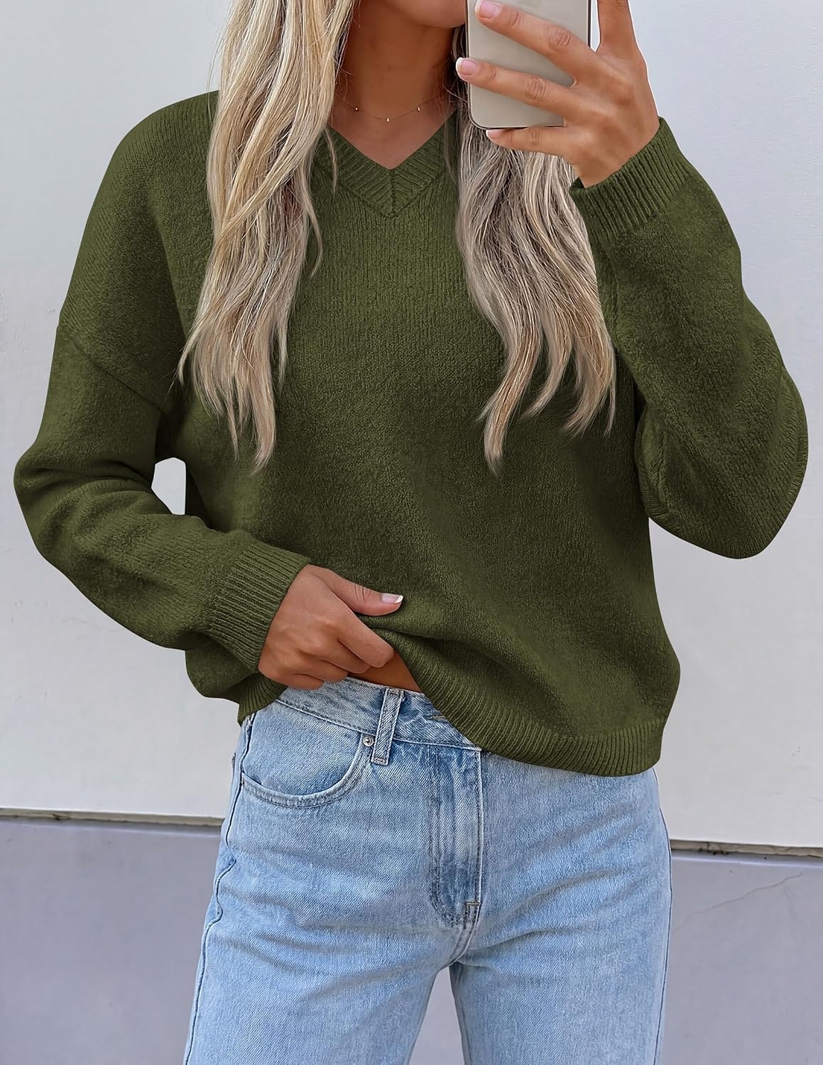 image:imagePRETTYGARDEN Womens Cozy Sweaters Fall Fashion V Neck Tops Soft Stretchy Warm Chunky Knit Pullover Loose Fit Long Sleeve Shirts Dressy Casual Blouses Trendy Holiday Winter OutfitsArmy Green