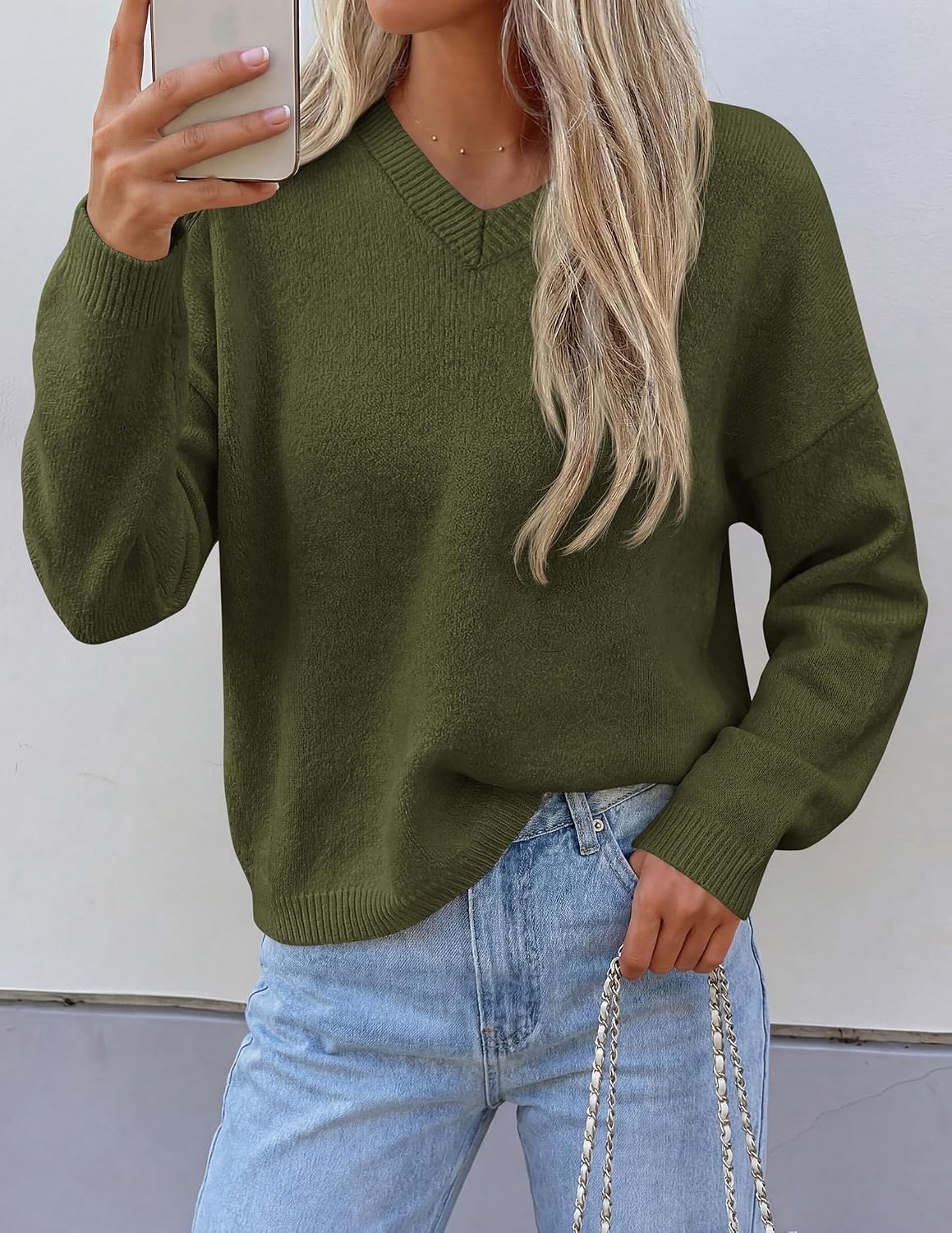 image:imagePRETTYGARDEN Womens Cozy Sweaters Fall Fashion V Neck Tops Soft Stretchy Warm Chunky Knit Pullover Loose Fit Long Sleeve Shirts Dressy Casual Blouses Trendy Holiday Winter OutfitsArmy Green
