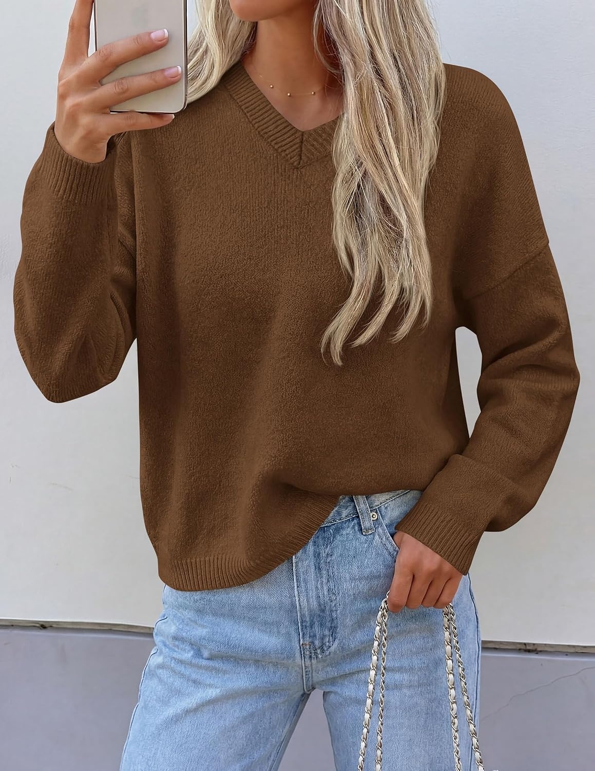 image:imagePRETTYGARDEN Womens Cozy Sweaters Fall Fashion V Neck Tops Soft Stretchy Warm Chunky Knit Pullover Loose Fit Long Sleeve Shirts Dressy Casual Blouses Trendy Holiday Winter OutfitsBrown