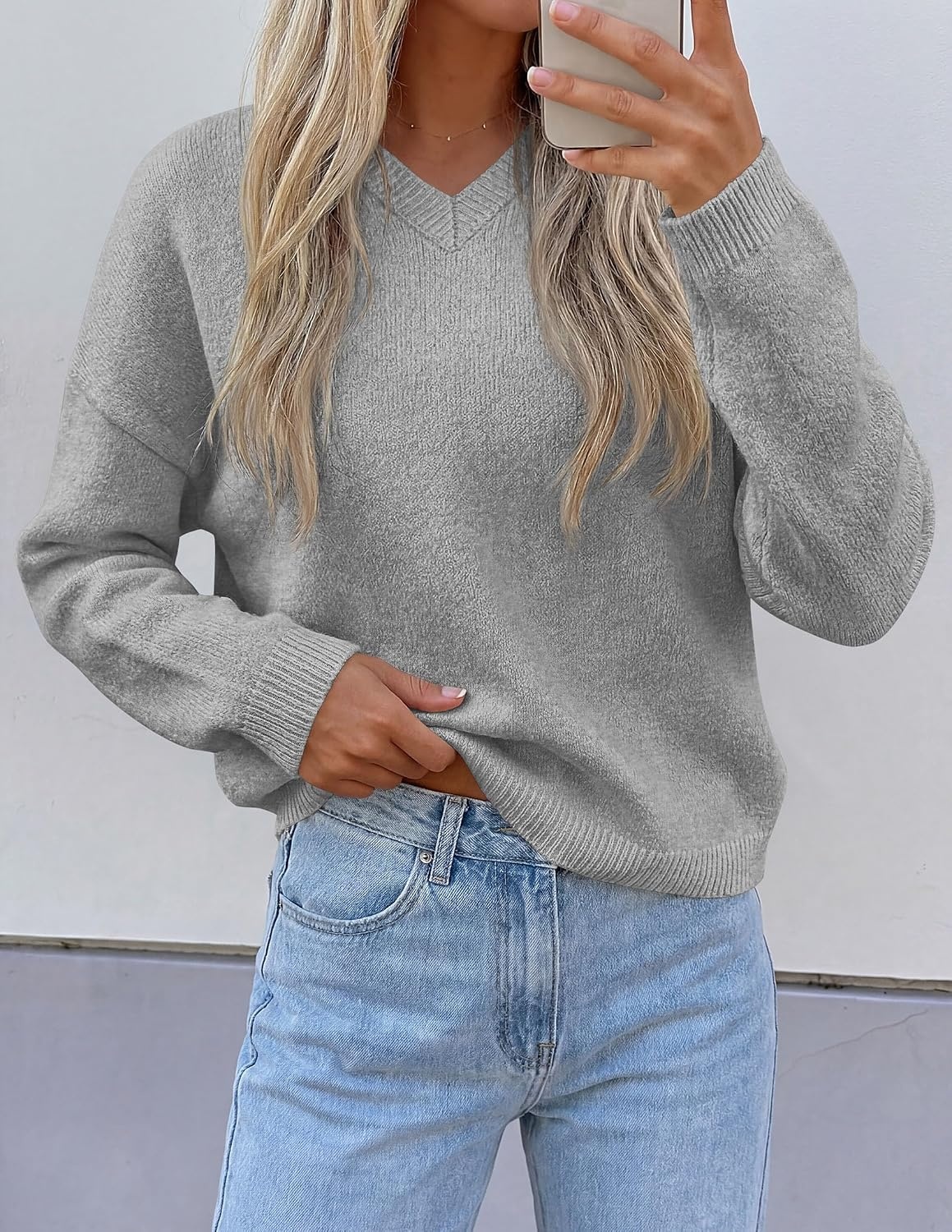 image:imagePRETTYGARDEN Womens Cozy Sweaters Fall Fashion V Neck Tops Soft Stretchy Warm Chunky Knit Pullover Loose Fit Long Sleeve Shirts Dressy Casual Blouses Trendy Holiday Winter OutfitsLight Grey