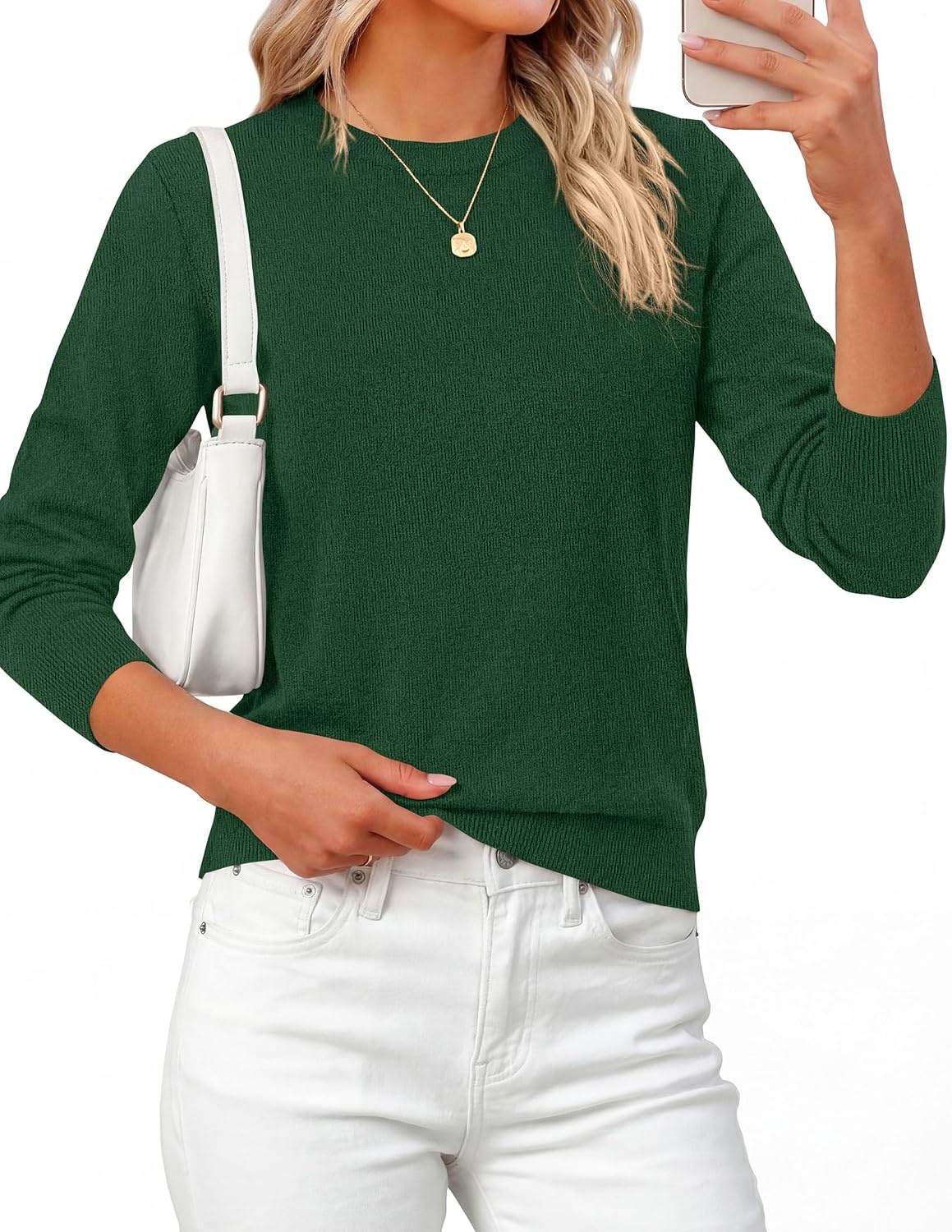 image:imagePRETTYGARDEN Womens Fall Basic Long Sleeve Sweater Soft Knit Fabric Classic Crew Neck Sweaters Loose Fit Sweater Casual Going Out Outfits 2026 Winter Trendy ClothesDark Green