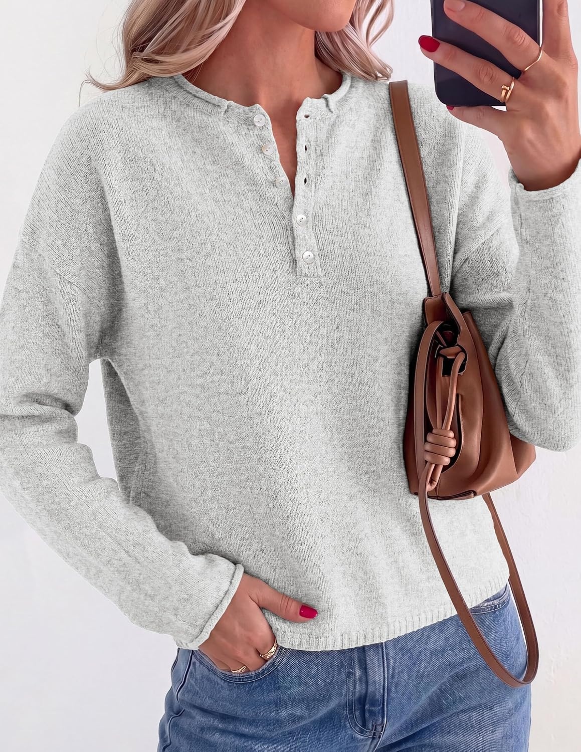 image:imagePRETTYGARDEN Womens Fall Button Up Cozy Pullover Sweaters Stretchy Soft Knit Drop Shoulder Long Sleeve Tops Henley Crewneck Rolled Edge Dressy Casual Blouses Trendy Winter ClothesGrey