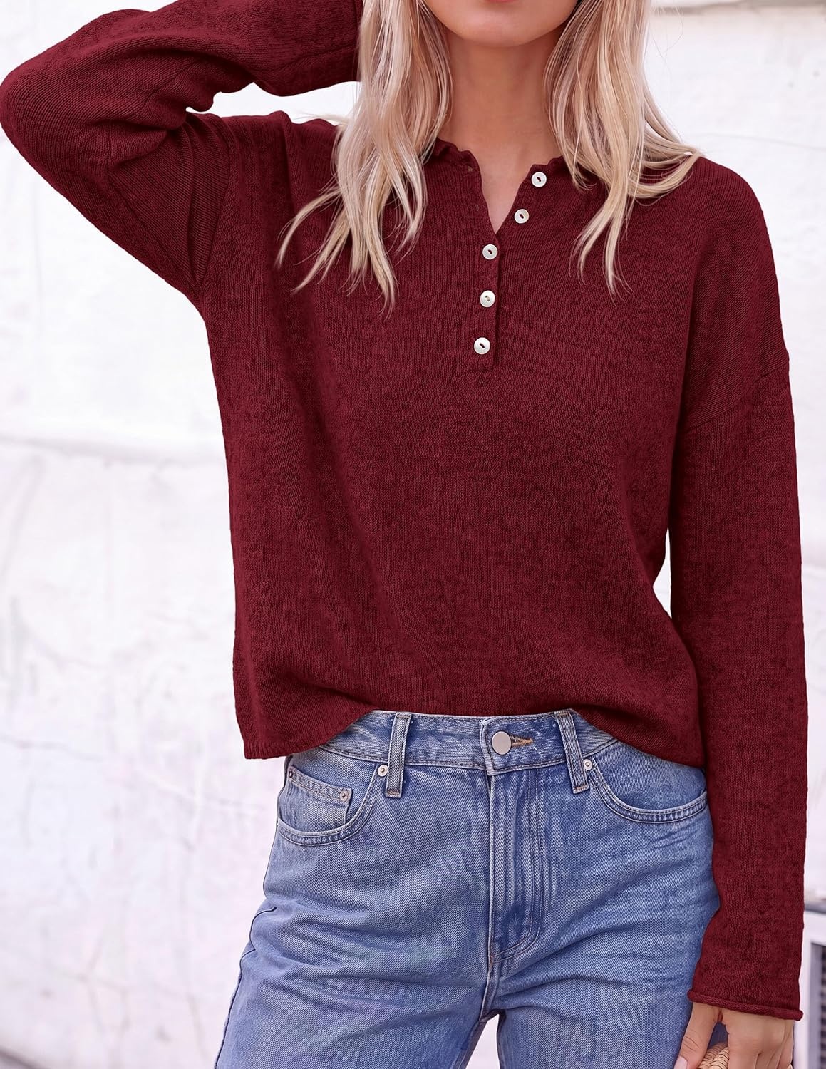 image:imagePRETTYGARDEN Womens Fall Button Up Cozy Pullover Sweaters Stretchy Soft Knit Drop Shoulder Long Sleeve Tops Henley Crewneck Rolled Edge Dressy Casual Blouses Trendy Winter ClothesBurgundy