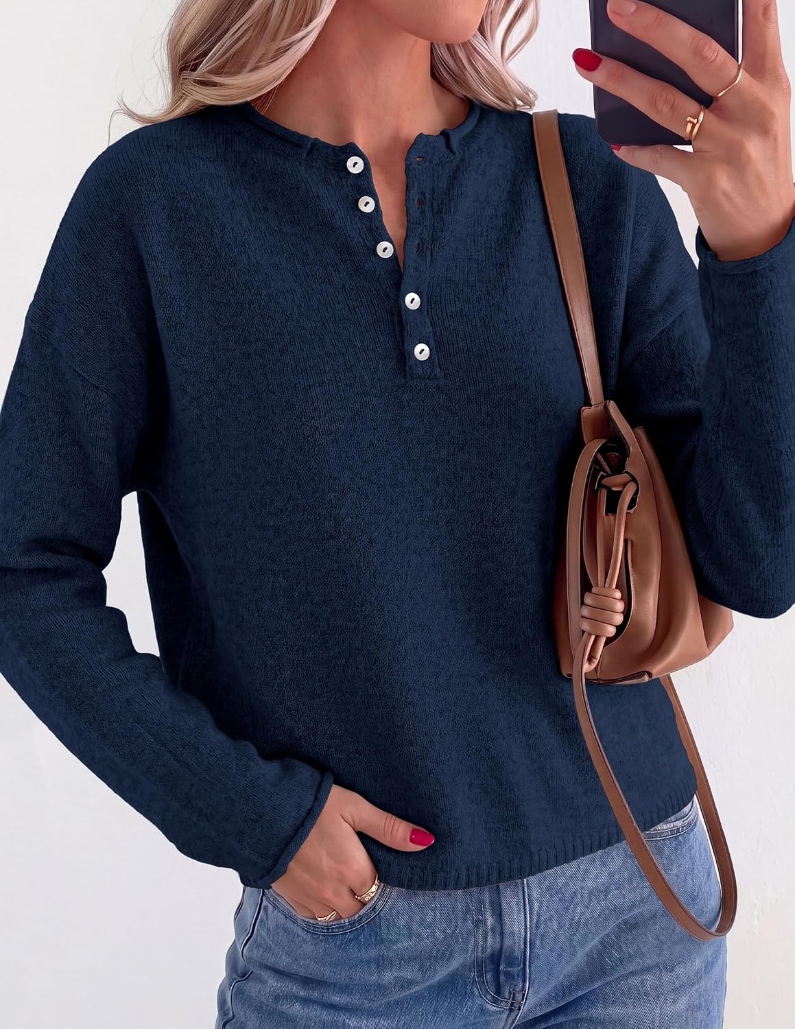 image:imagePRETTYGARDEN Womens Fall Button Up Cozy Pullover Sweaters Stretchy Soft Knit Drop Shoulder Long Sleeve Tops Henley Crewneck Rolled Edge Dressy Casual Blouses Trendy Winter ClothesNavy Blue
