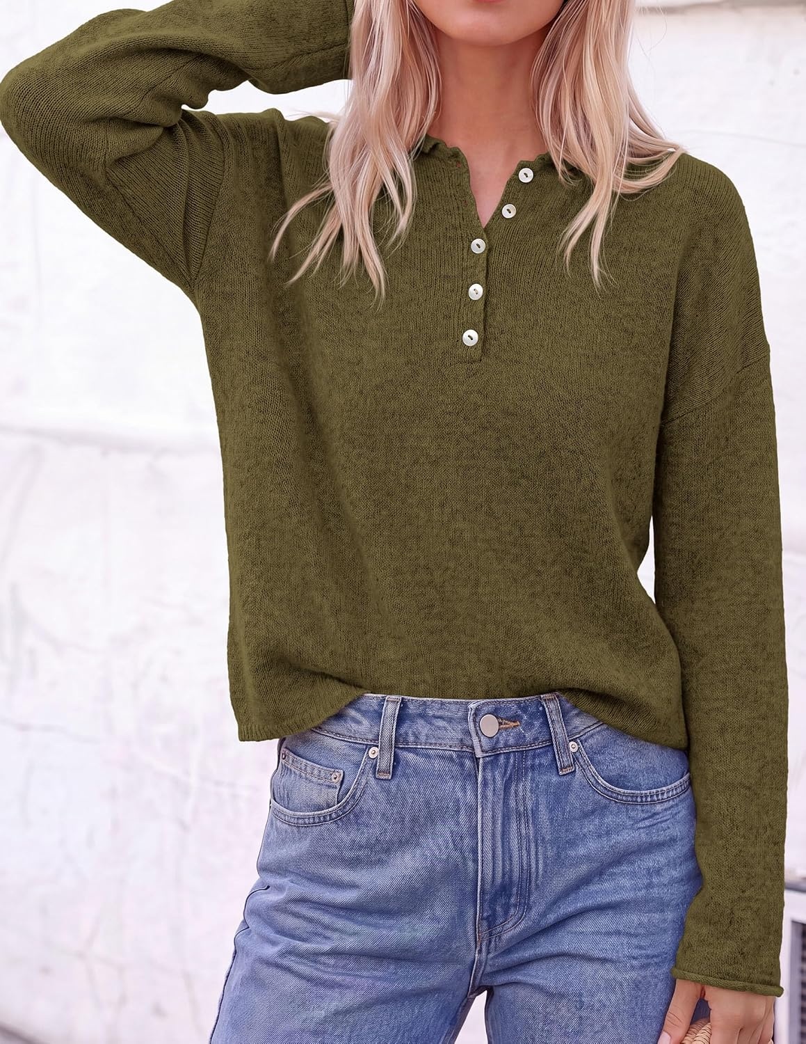 image:imagePRETTYGARDEN Womens Fall Button Up Cozy Pullover Sweaters Stretchy Soft Knit Drop Shoulder Long Sleeve Tops Henley Crewneck Rolled Edge Dressy Casual Blouses Trendy Winter ClothesArmy Green