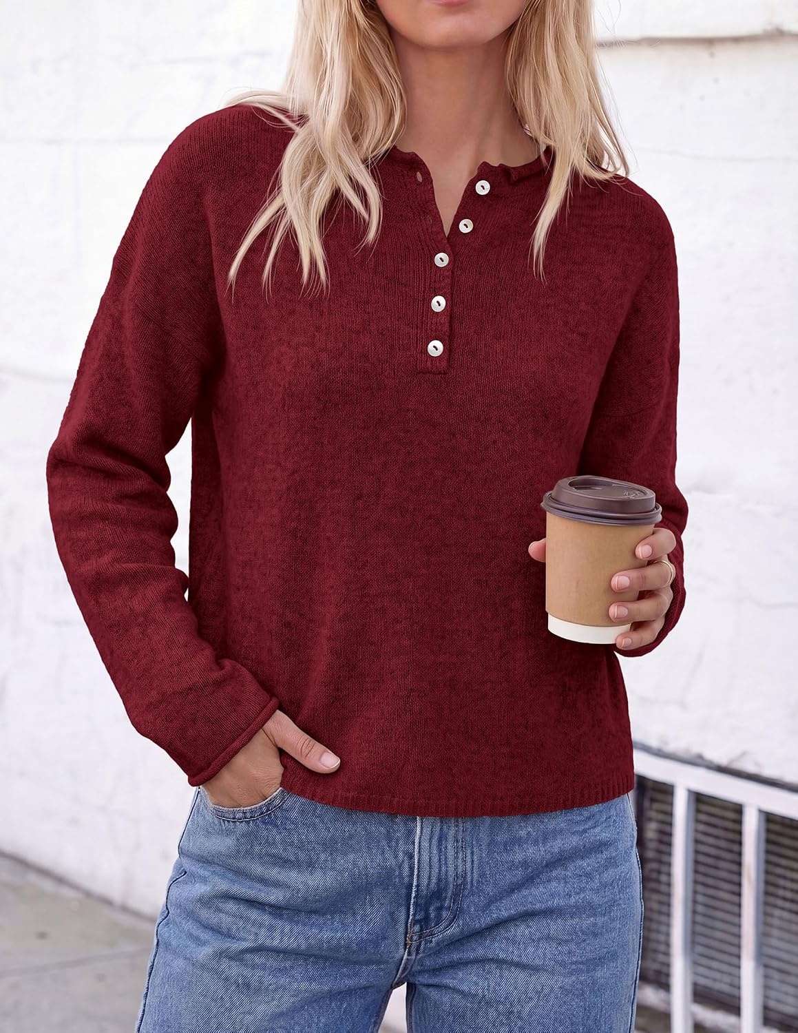 image:imagePRETTYGARDEN Womens Fall Button Up Cozy Pullover Sweaters Stretchy Soft Knit Drop Shoulder Long Sleeve Tops Henley Crewneck Rolled Edge Dressy Casual Blouses Trendy Winter ClothesBurgundy