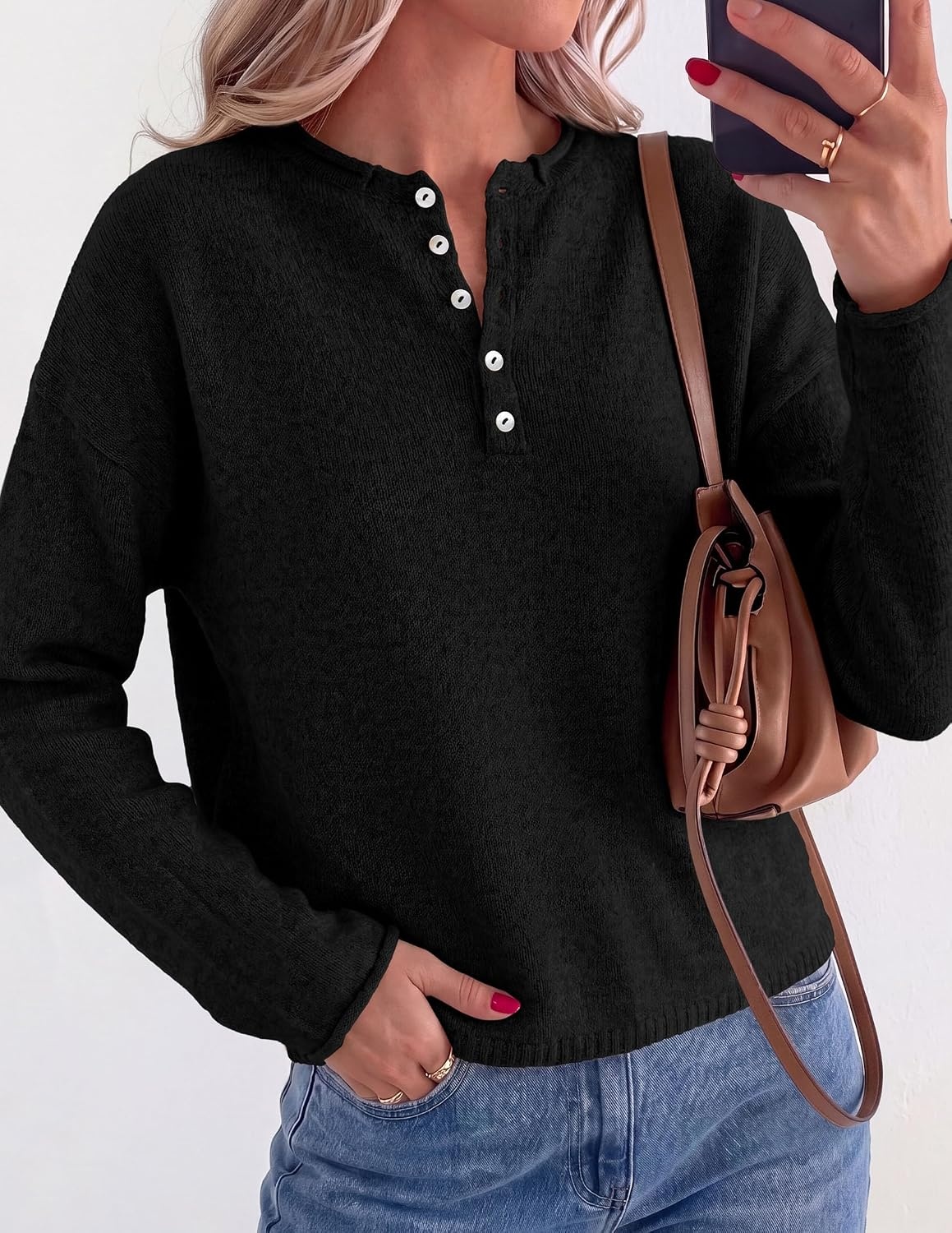 image:imagePRETTYGARDEN Womens Fall Button Up Cozy Pullover Sweaters Stretchy Soft Knit Drop Shoulder Long Sleeve Tops Henley Crewneck Rolled Edge Dressy Casual Blouses Trendy Winter ClothesBlack