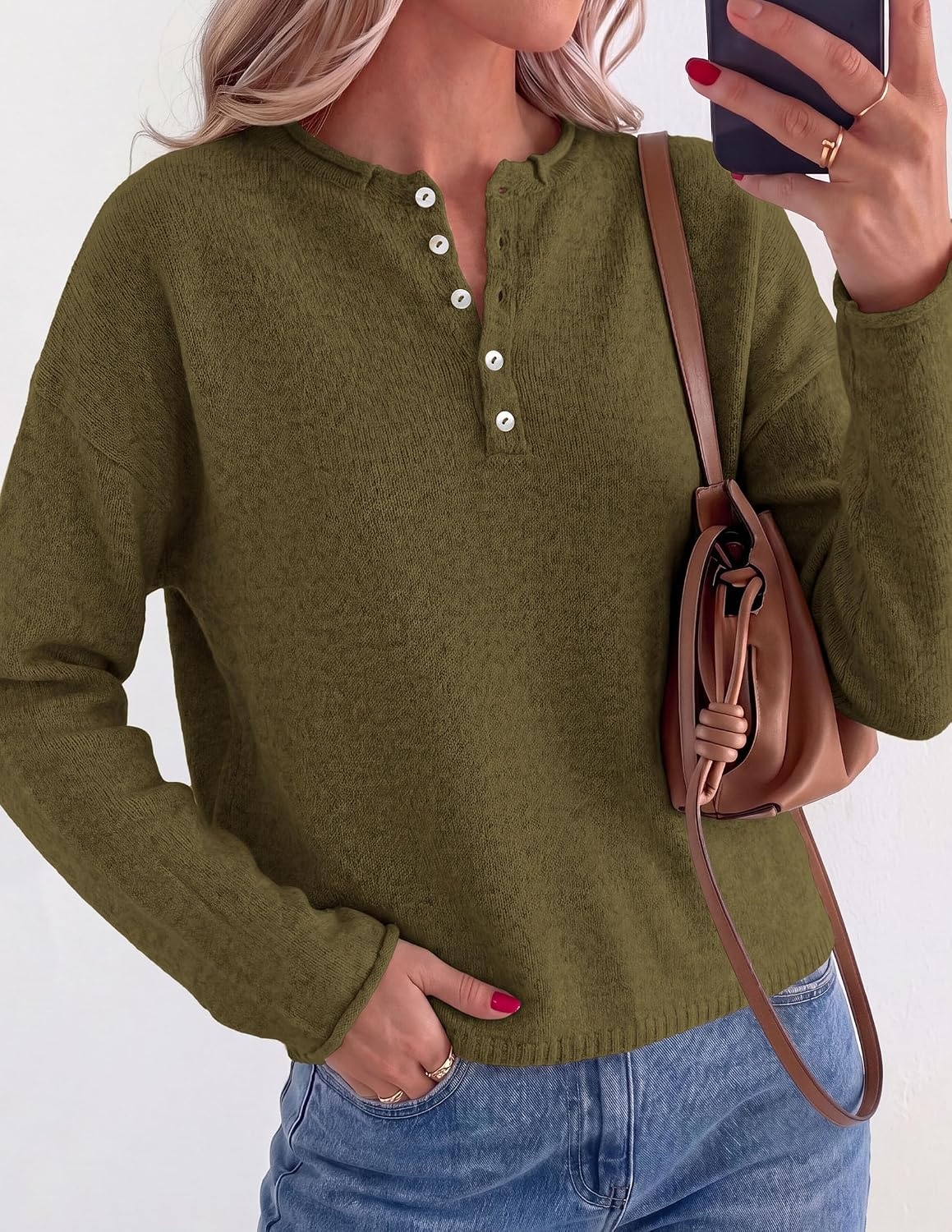 image:imagePRETTYGARDEN Womens Fall Button Up Cozy Pullover Sweaters Stretchy Soft Knit Drop Shoulder Long Sleeve Tops Henley Crewneck Rolled Edge Dressy Casual Blouses Trendy Winter ClothesArmy Green