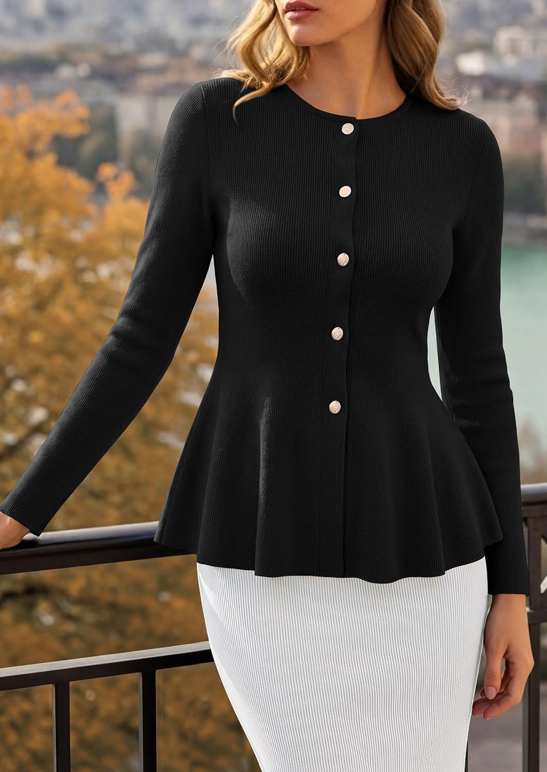 image:imagePRETTYGARDEN Womens Fall Lightweight Cardigan Sweaters Long Sleeve Peplum Tops Button Up Slim Fitted Flared Hem Soft Ribbed Knit Business Casual Outfits Winter Trendy ClothesBlack