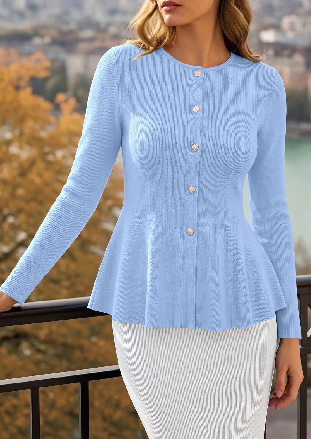 image:imagePRETTYGARDEN Womens Fall Lightweight Cardigan Sweaters Long Sleeve Peplum Tops Button Up Slim Fitted Flared Hem Soft Ribbed Knit Business Casual Outfits Winter Trendy ClothesLight Blue
