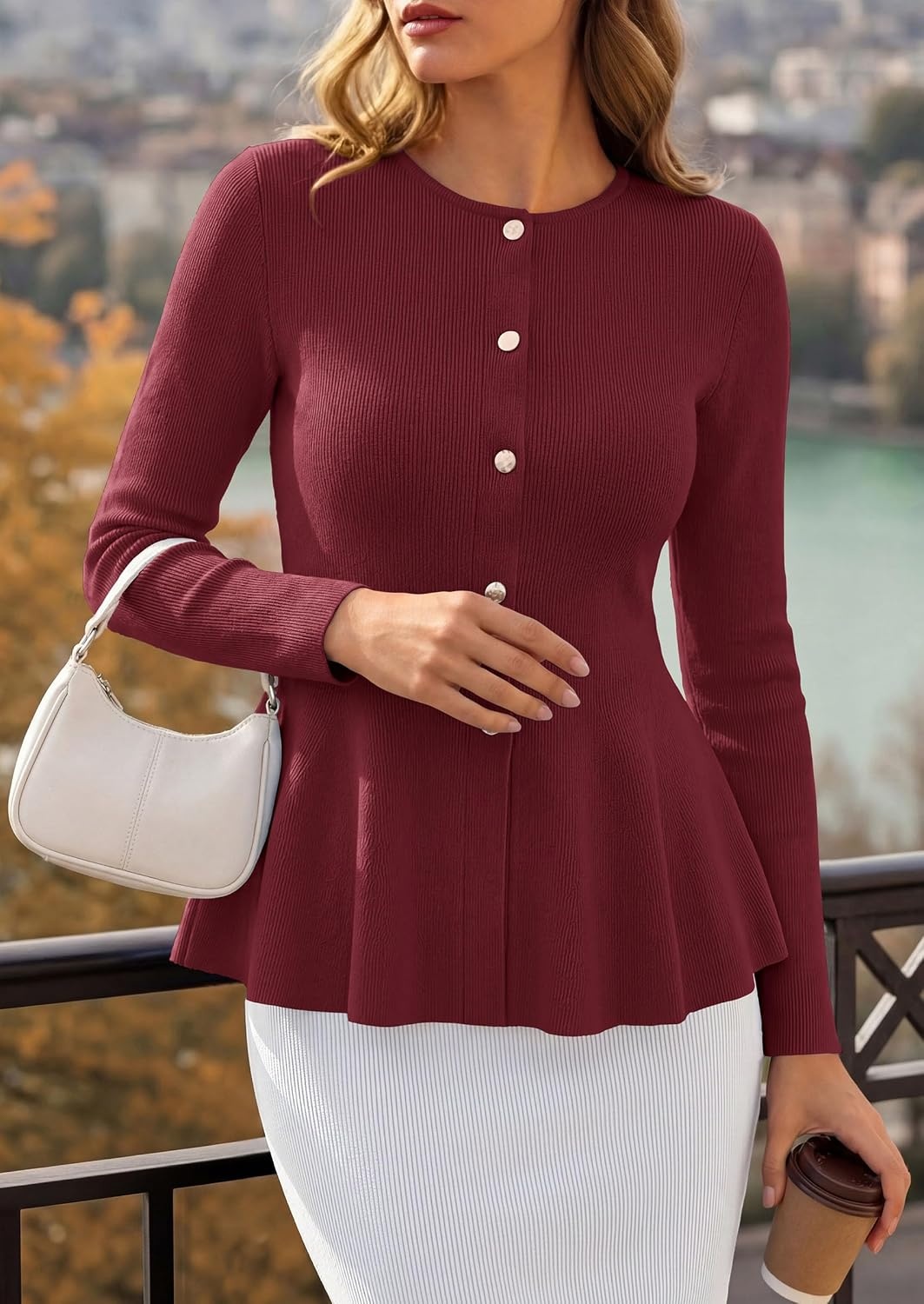image:imagePRETTYGARDEN Womens Fall Lightweight Cardigan Sweaters Long Sleeve Peplum Tops Button Up Slim Fitted Flared Hem Soft Ribbed Knit Business Casual Outfits Winter Trendy ClothesBurgundy