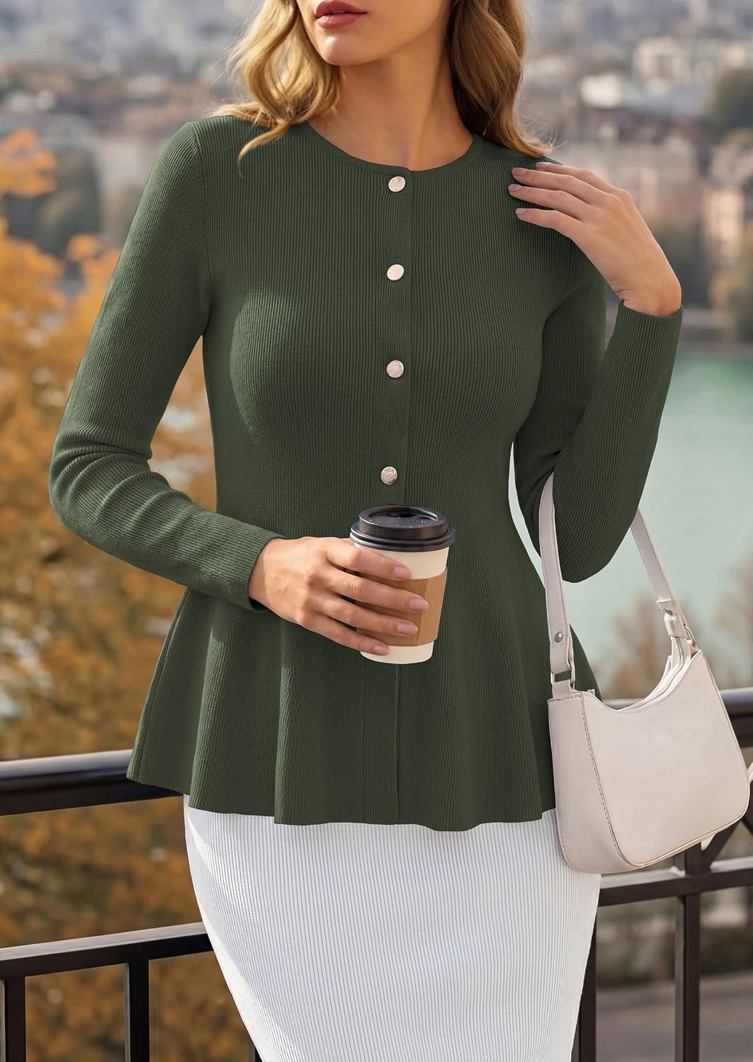 image:imagePRETTYGARDEN Womens Fall Lightweight Cardigan Sweaters Long Sleeve Peplum Tops Button Up Slim Fitted Flared Hem Soft Ribbed Knit Business Casual Outfits Winter Trendy ClothesArmy Green