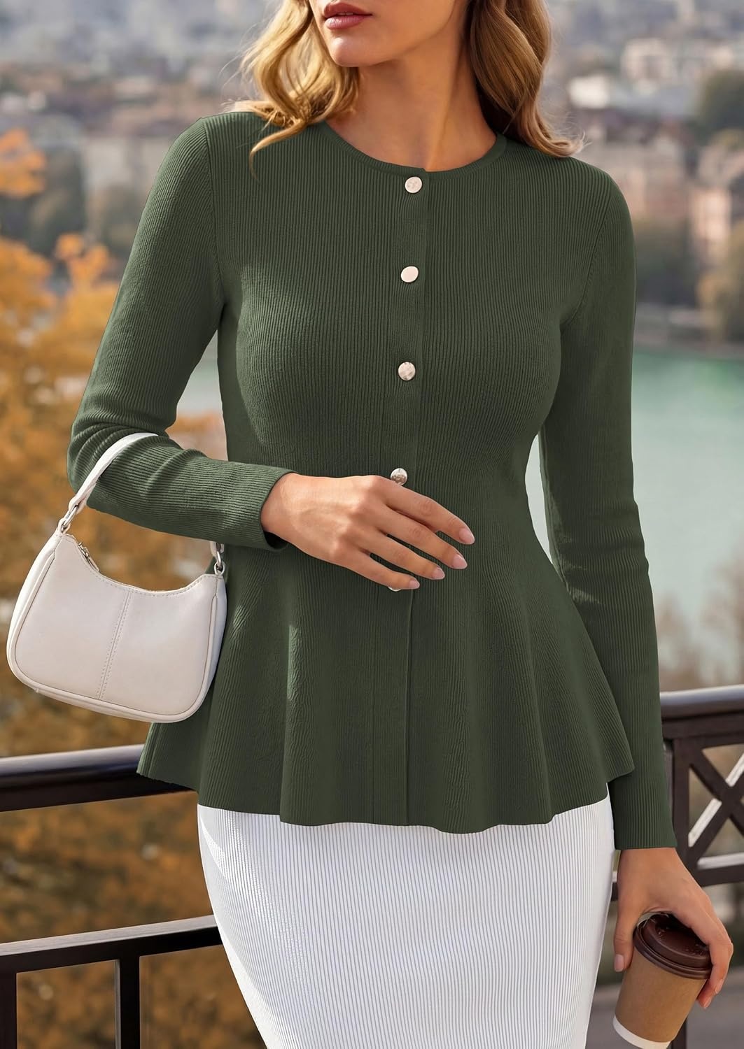 image:imagePRETTYGARDEN Womens Fall Lightweight Cardigan Sweaters Long Sleeve Peplum Tops Button Up Slim Fitted Flared Hem Soft Ribbed Knit Business Casual Outfits Winter Trendy ClothesArmy Green