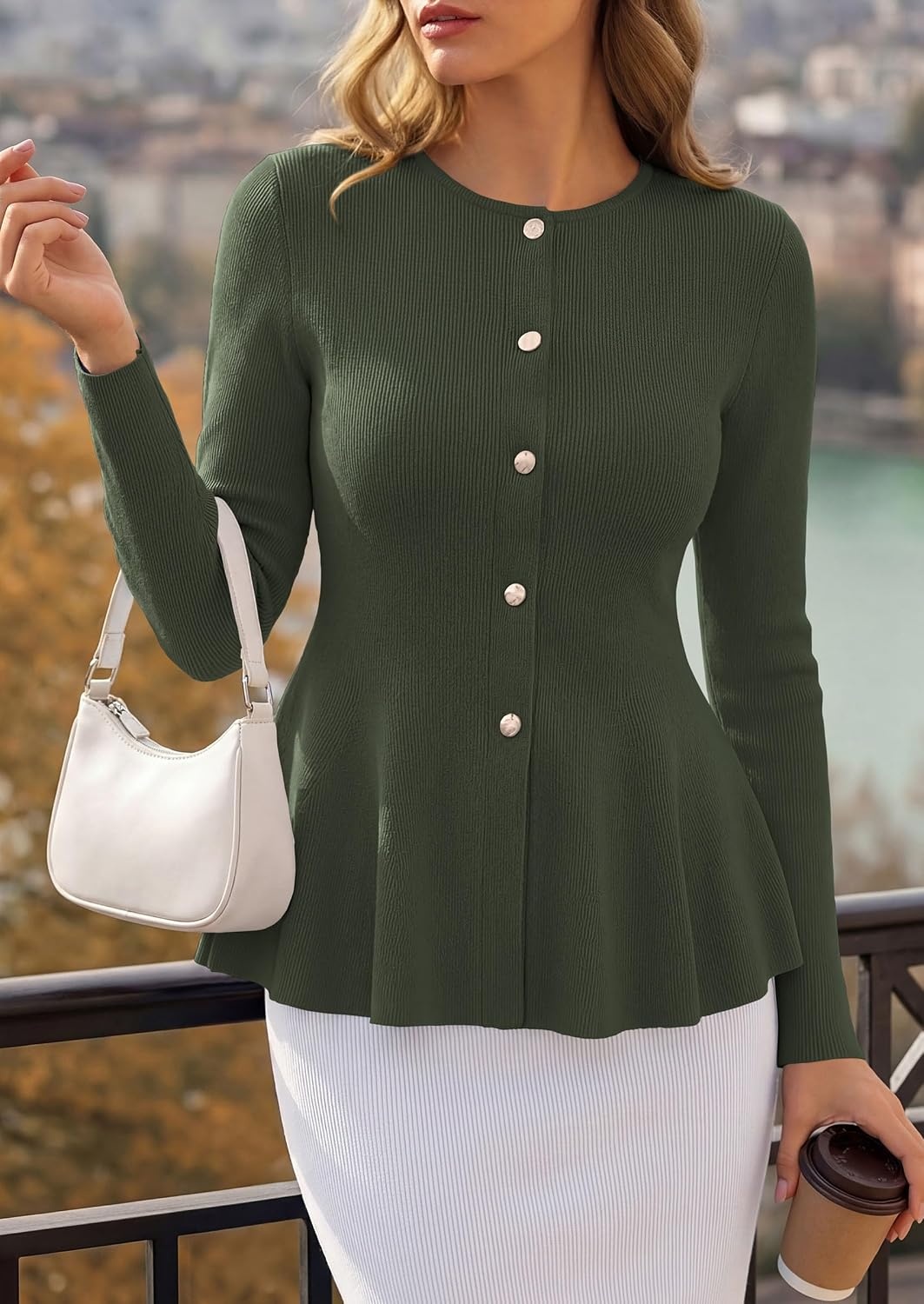image:imagePRETTYGARDEN Womens Fall Lightweight Cardigan Sweaters Long Sleeve Peplum Tops Button Up Slim Fitted Flared Hem Soft Ribbed Knit Business Casual Outfits Winter Trendy ClothesArmy Green