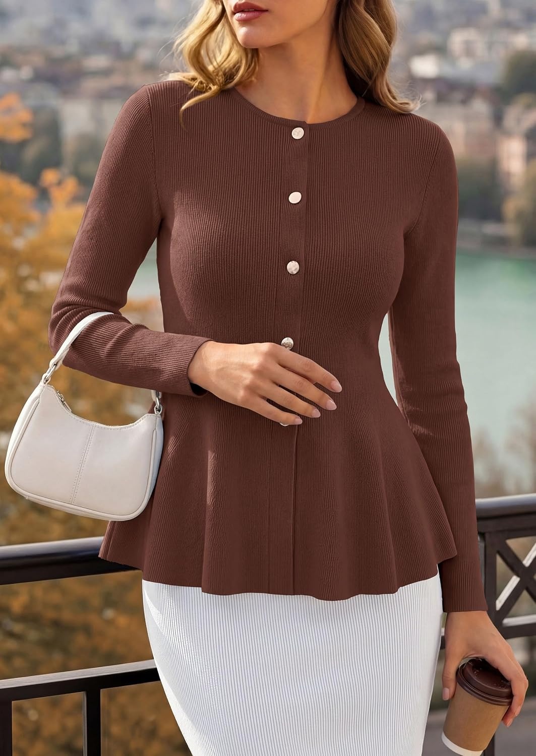 image:imagePRETTYGARDEN Womens Fall Lightweight Cardigan Sweaters Long Sleeve Peplum Tops Button Up Slim Fitted Flared Hem Soft Ribbed Knit Business Casual Outfits Winter Trendy ClothesBrown