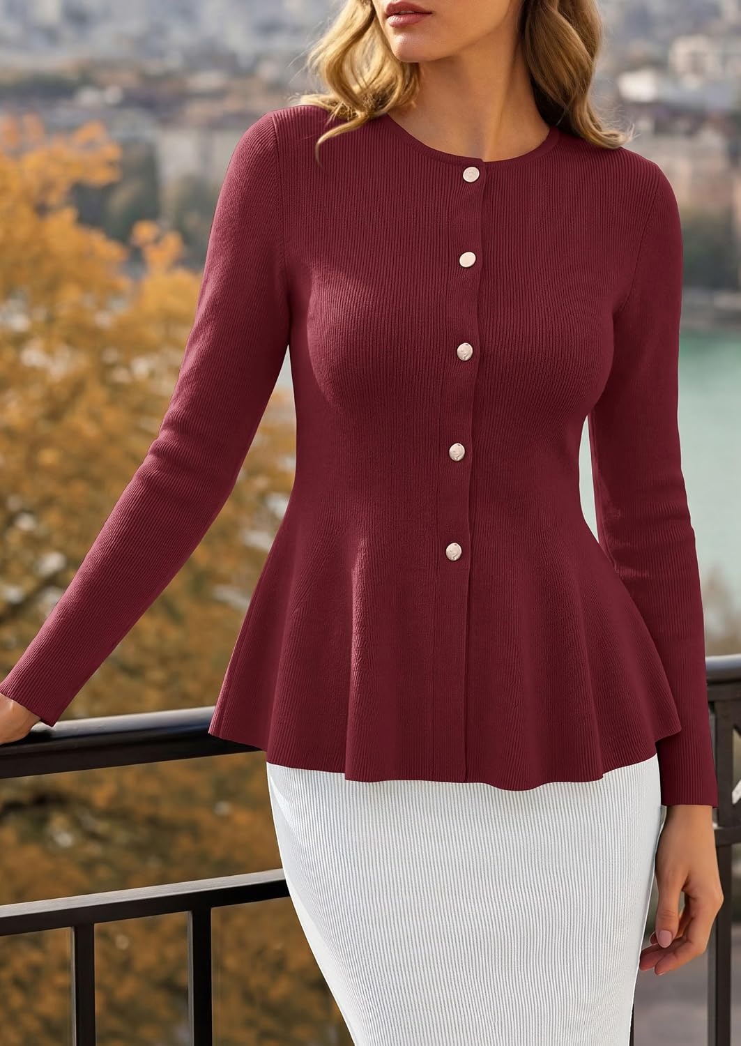 image:imagePRETTYGARDEN Womens Fall Lightweight Cardigan Sweaters Long Sleeve Peplum Tops Button Up Slim Fitted Flared Hem Soft Ribbed Knit Business Casual Outfits Winter Trendy ClothesBurgundy