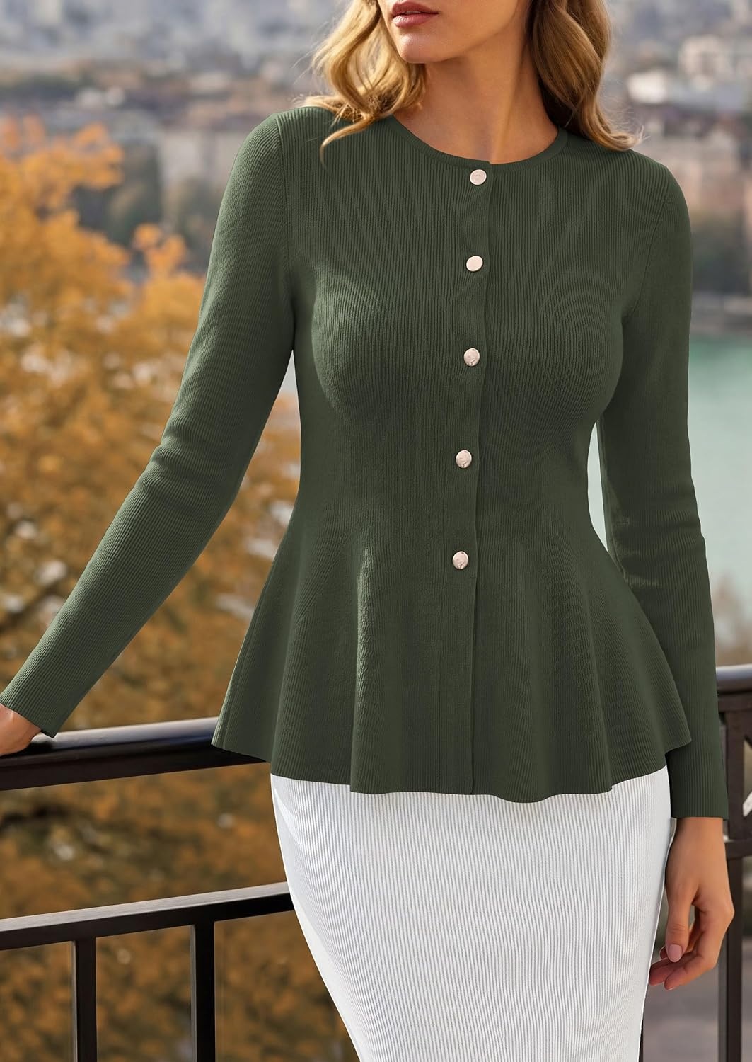 image:imagePRETTYGARDEN Womens Fall Lightweight Cardigan Sweaters Long Sleeve Peplum Tops Button Up Slim Fitted Flared Hem Soft Ribbed Knit Business Casual Outfits Winter Trendy ClothesArmy Green