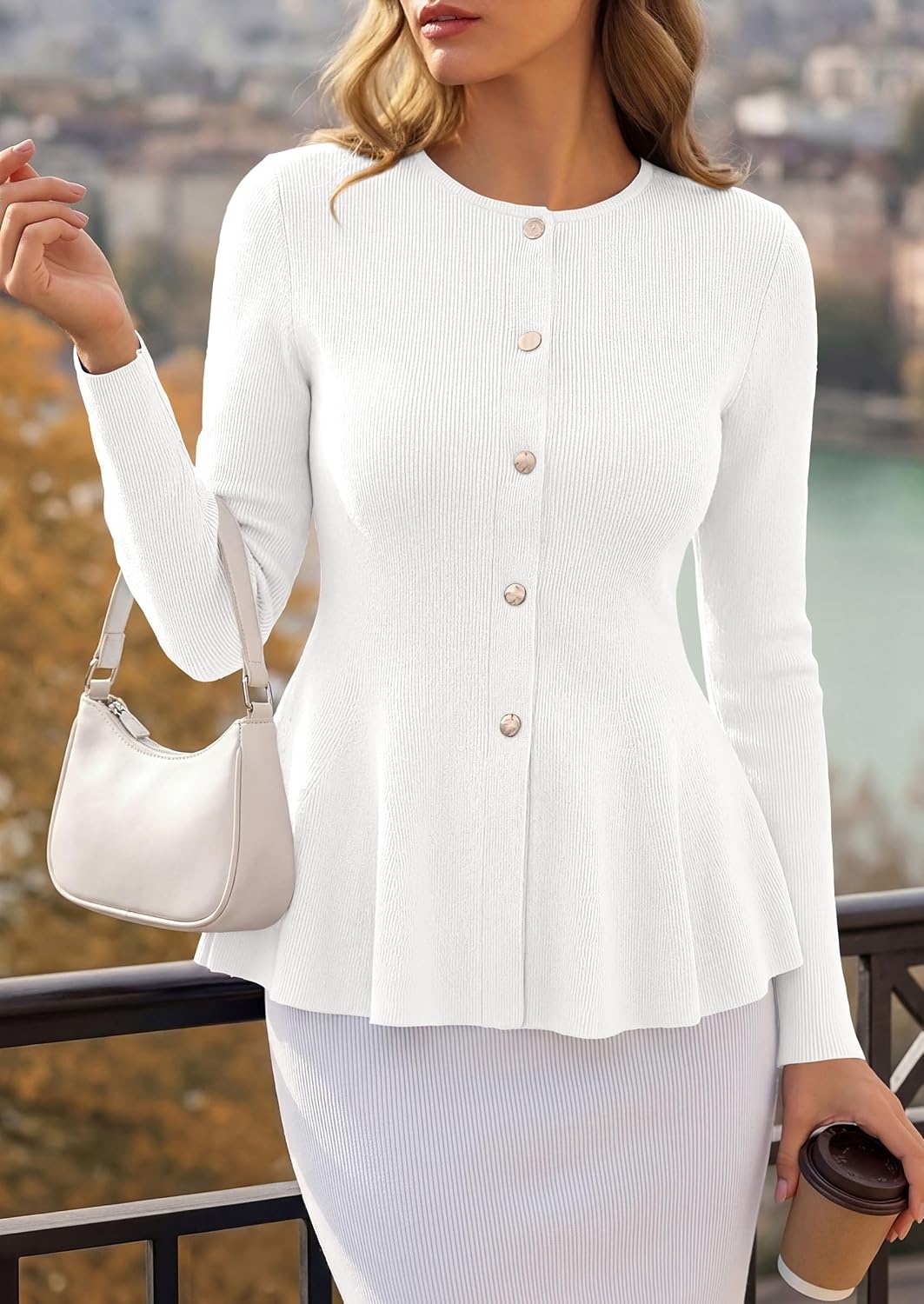 image:imagePRETTYGARDEN Womens Fall Lightweight Cardigan Sweaters Long Sleeve Peplum Tops Button Up Slim Fitted Flared Hem Soft Ribbed Knit Business Casual Outfits Winter Trendy ClothesWhite