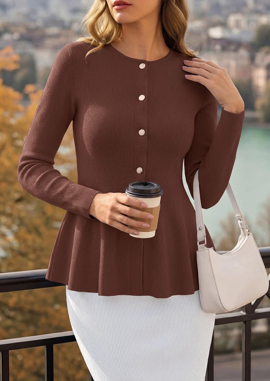 image:imagePRETTYGARDEN Womens Fall Lightweight Cardigan Sweaters Long Sleeve Peplum Tops Button Up Slim Fitted Flared Hem Soft Ribbed Knit Business Casual Outfits Winter Trendy ClothesBrown