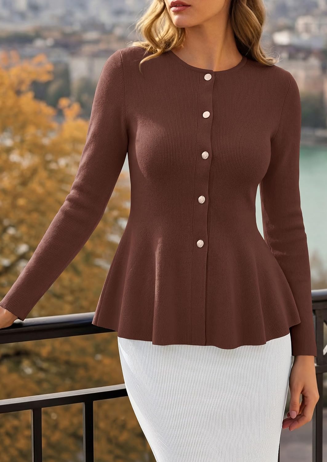 image:imagePRETTYGARDEN Womens Fall Lightweight Cardigan Sweaters Long Sleeve Peplum Tops Button Up Slim Fitted Flared Hem Soft Ribbed Knit Business Casual Outfits Winter Trendy ClothesBrown