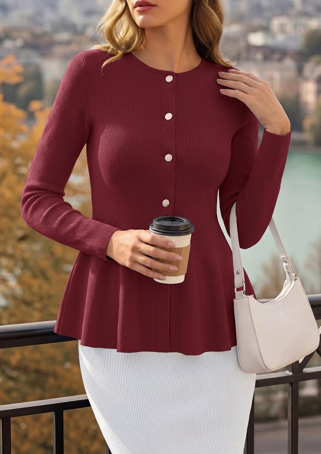 image:imagePRETTYGARDEN Womens Fall Lightweight Cardigan Sweaters Long Sleeve Peplum Tops Button Up Slim Fitted Flared Hem Soft Ribbed Knit Business Casual Outfits Winter Trendy ClothesBurgundy