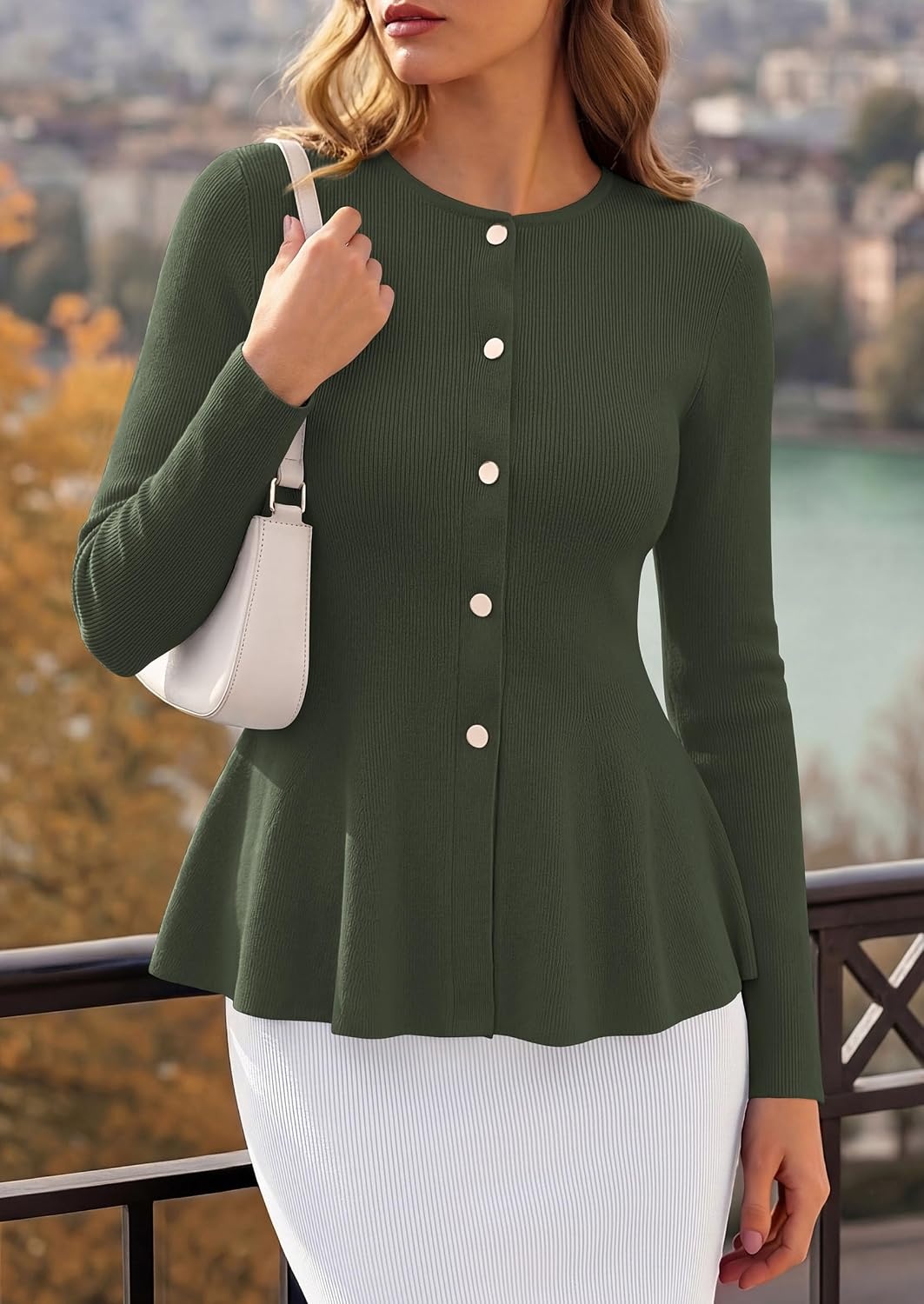 image:imagePRETTYGARDEN Womens Fall Lightweight Cardigan Sweaters Long Sleeve Peplum Tops Button Up Slim Fitted Flared Hem Soft Ribbed Knit Business Casual Outfits Winter Trendy ClothesArmy Green