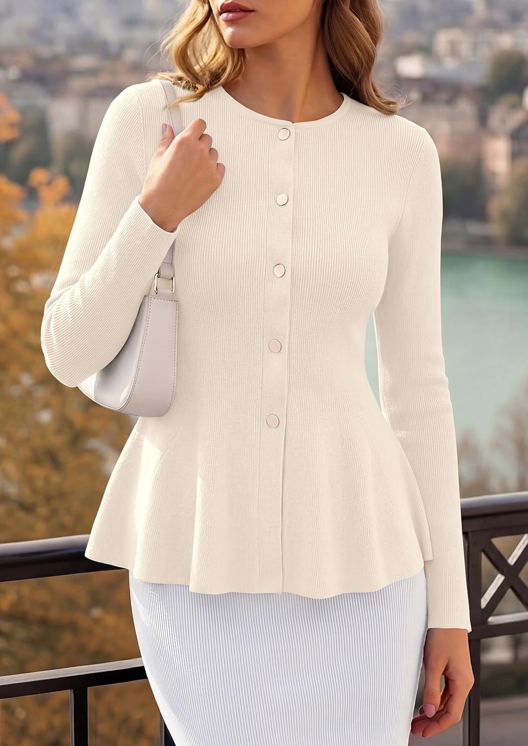 image:imagePRETTYGARDEN Womens Fall Lightweight Cardigan Sweaters Long Sleeve Peplum Tops Button Up Slim Fitted Flared Hem Soft Ribbed Knit Business Casual Outfits Winter Trendy ClothesBeige