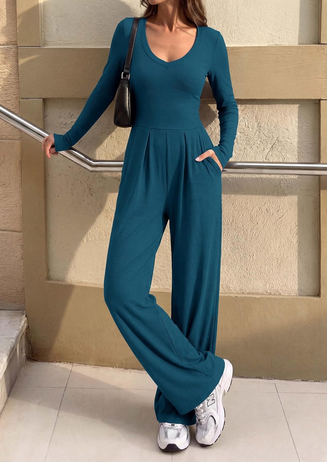 image:imagePRETTYGARDEN Womens Fall One Piece Long Sleeve Jumpsuit Stretchy Ribbed Knit Fashion Deep V Neck Wide Leg Romper with Pockets Work Business Casual Outfits Trendy Winter ClothesLake Blue