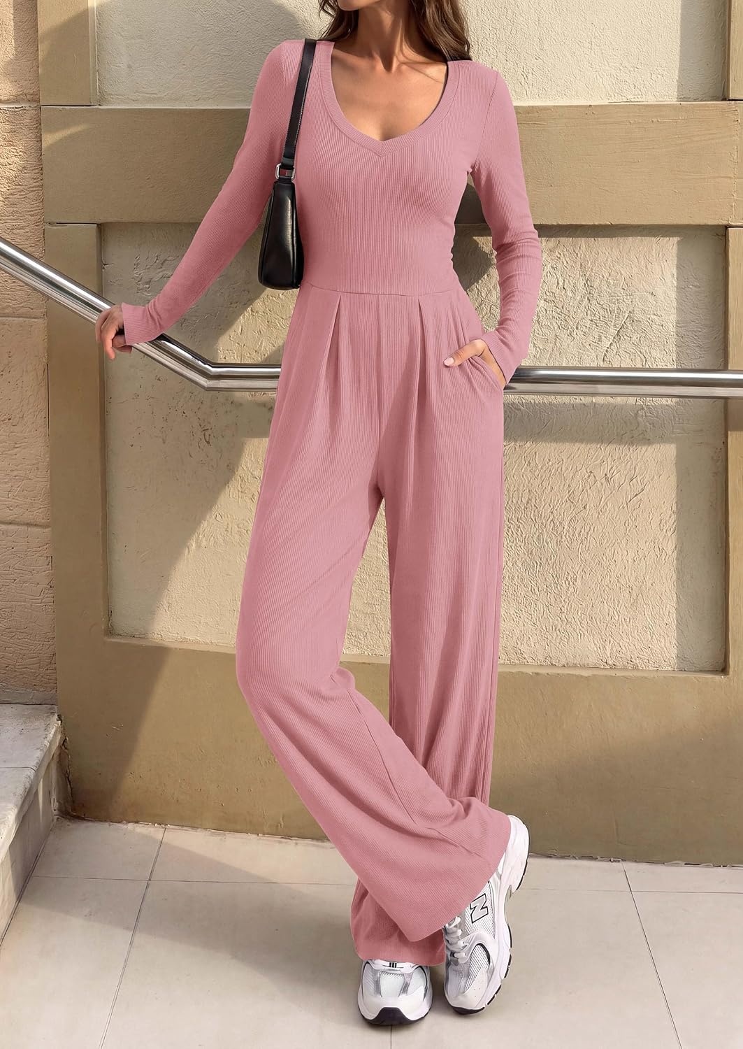 image:imagePRETTYGARDEN Womens Fall One Piece Long Sleeve Jumpsuit Stretchy Ribbed Knit Fashion Deep V Neck Wide Leg Romper with Pockets Work Business Casual Outfits Trendy Winter ClothesDusty Pink