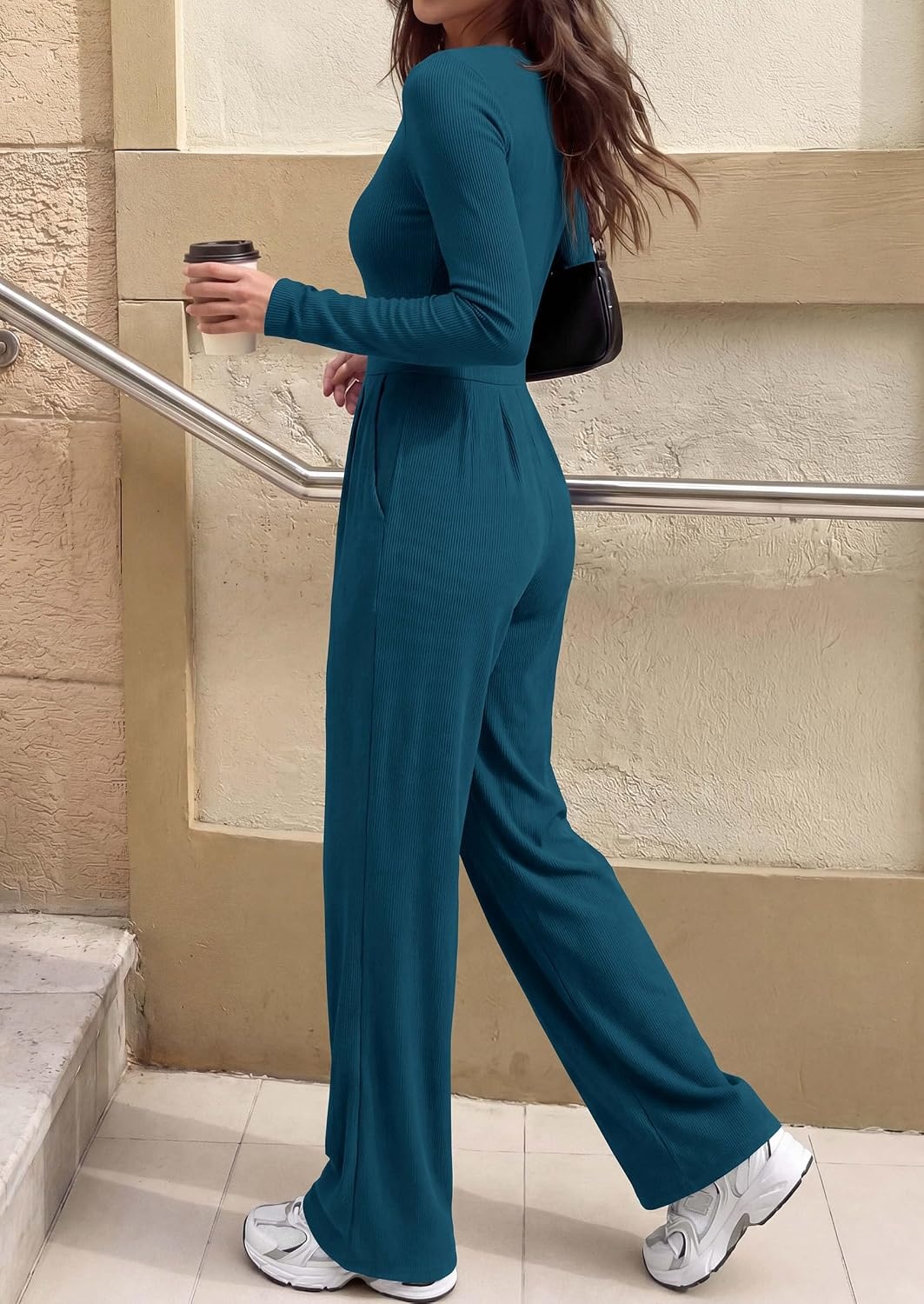 image:imagePRETTYGARDEN Womens Fall One Piece Long Sleeve Jumpsuit Stretchy Ribbed Knit Fashion Deep V Neck Wide Leg Romper with Pockets Work Business Casual Outfits Trendy Winter ClothesLake Blue