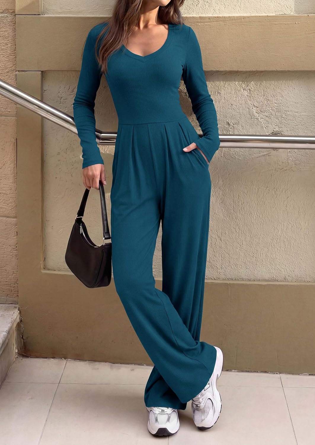 image:imagePRETTYGARDEN Womens Fall One Piece Long Sleeve Jumpsuit Stretchy Ribbed Knit Fashion Deep V Neck Wide Leg Romper with Pockets Work Business Casual Outfits Trendy Winter ClothesLake Blue